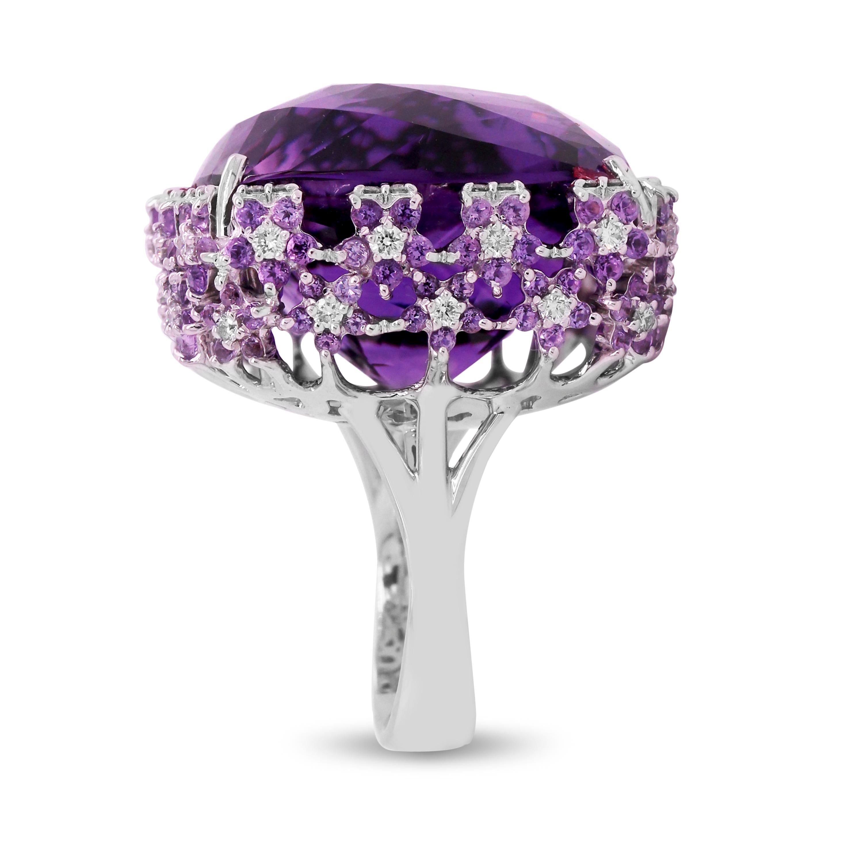 Contemporary Roberto Coin 73.44 Carat Amethyst White Gold Diamond Large Cocktail Ring For Sale