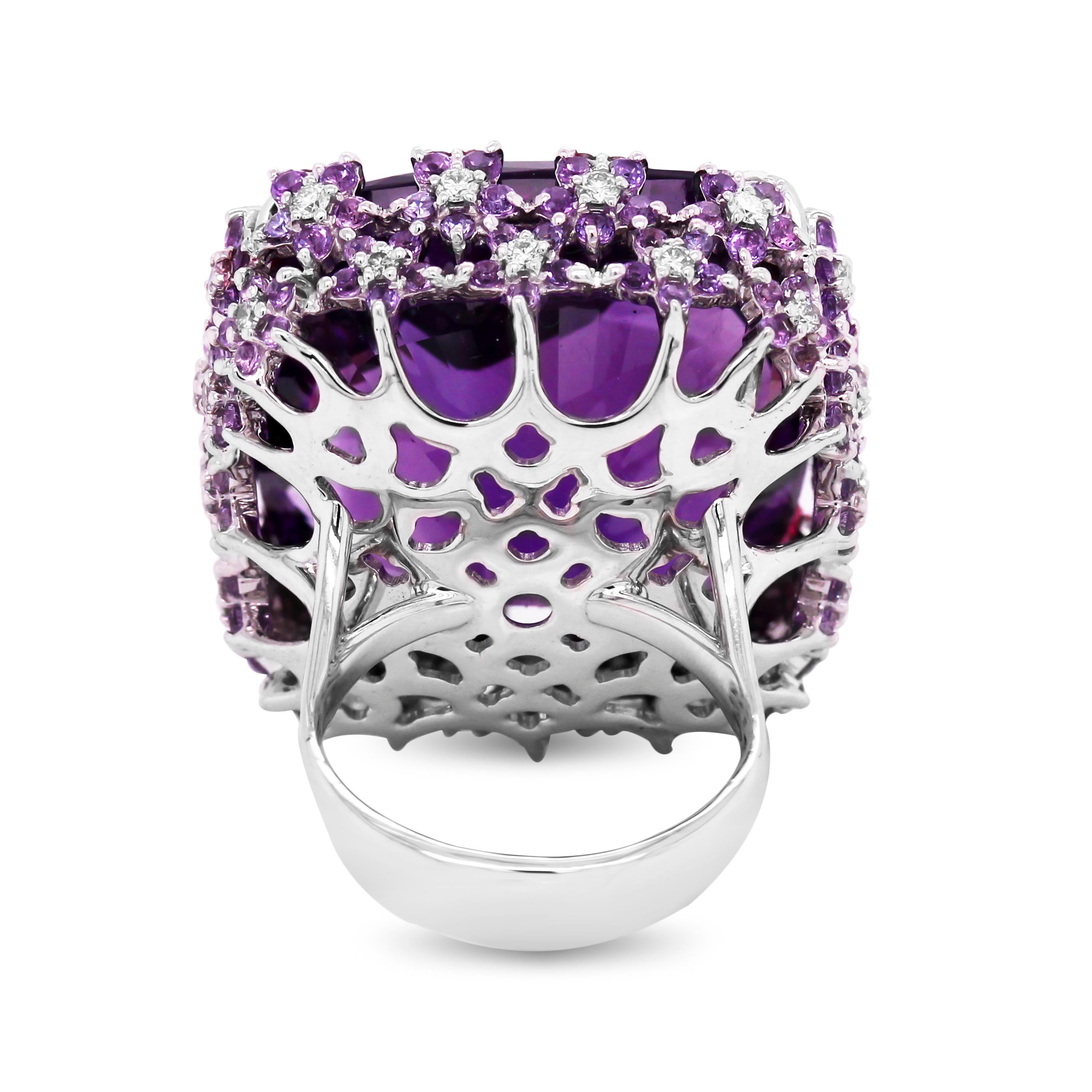 Cushion Cut Roberto Coin 73.44 Carat Amethyst White Gold Diamond Large Cocktail Ring For Sale