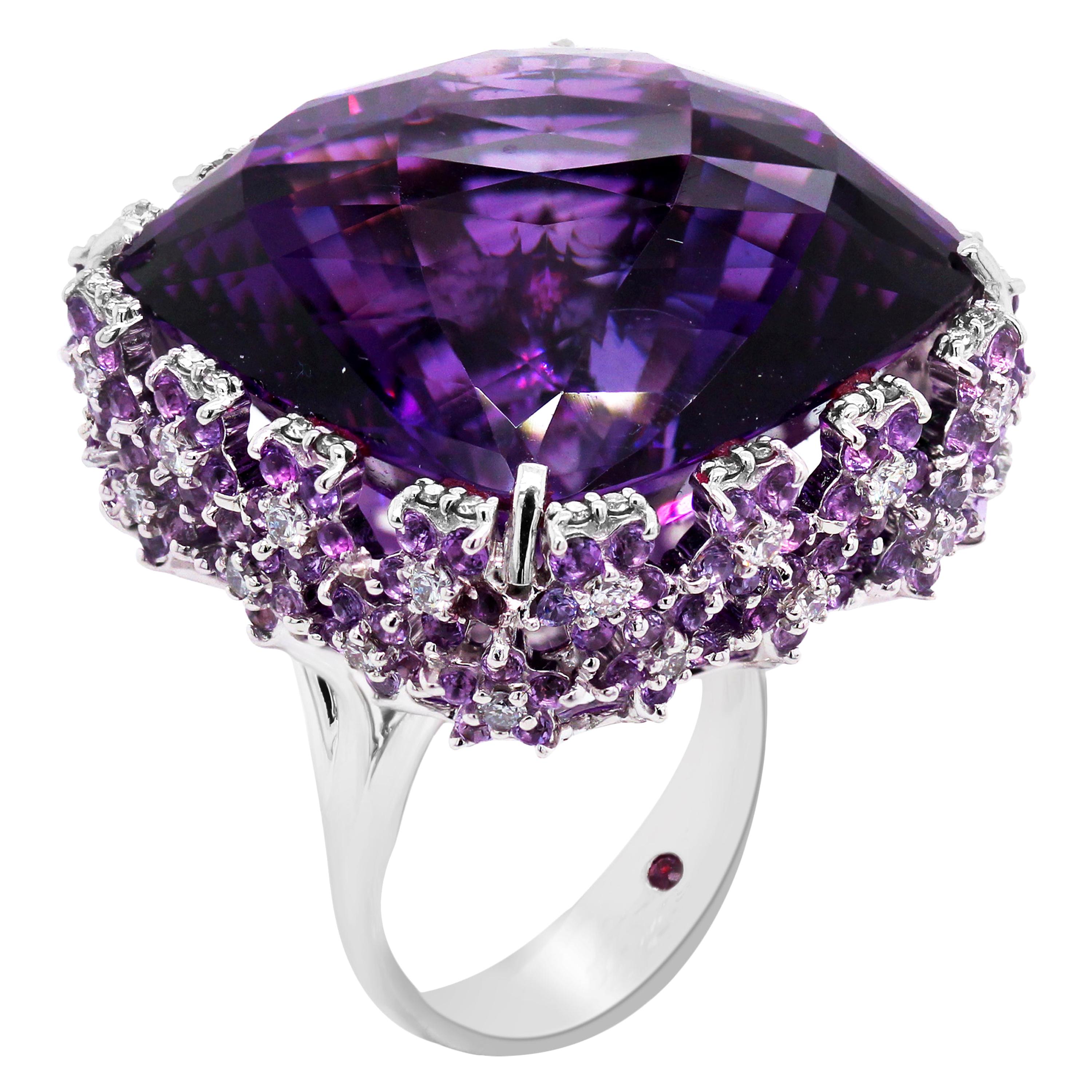 Roberto Coin 73.44 Carat Amethyst White Gold Diamond Large Cocktail Ring For Sale