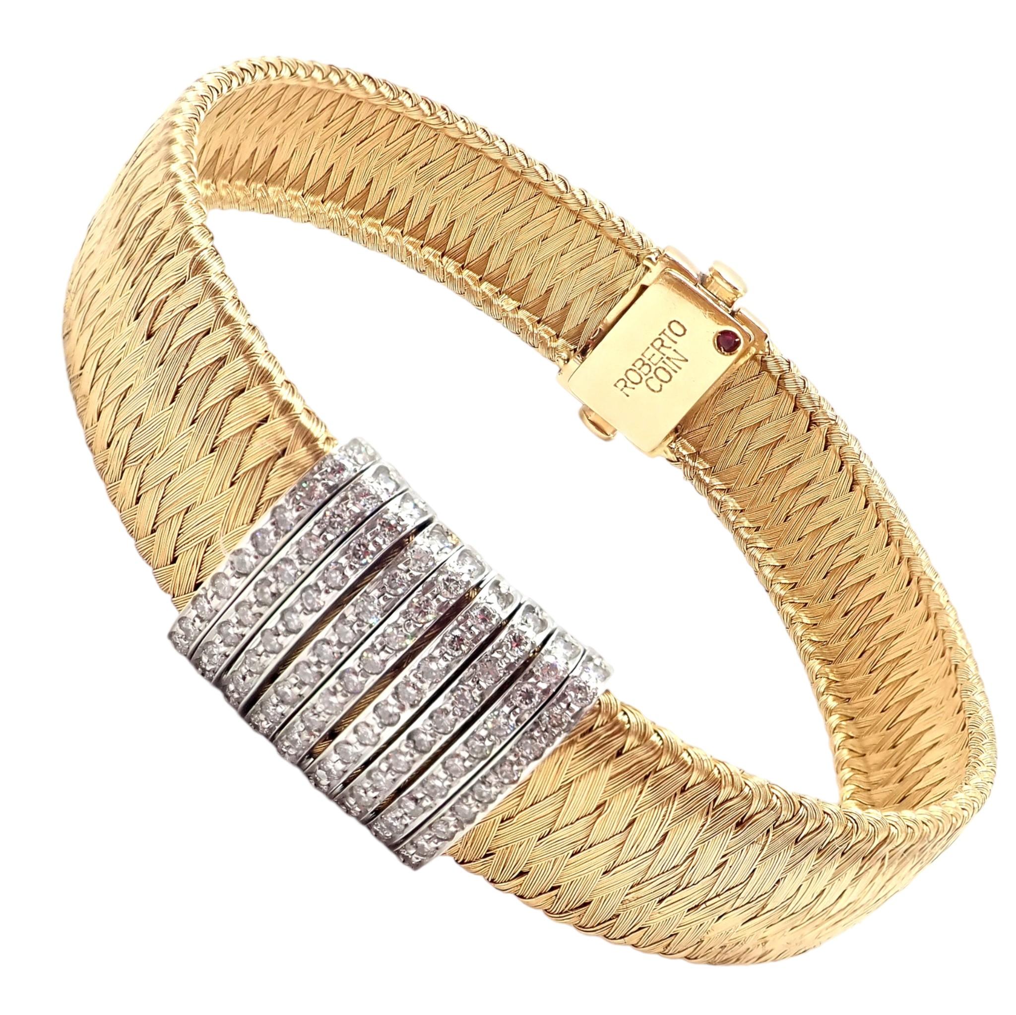 Roberto Coin 9 Row Diamond Ruby Silk Weave Yellow Gold Bracelet In Excellent Condition For Sale In Holland, PA
