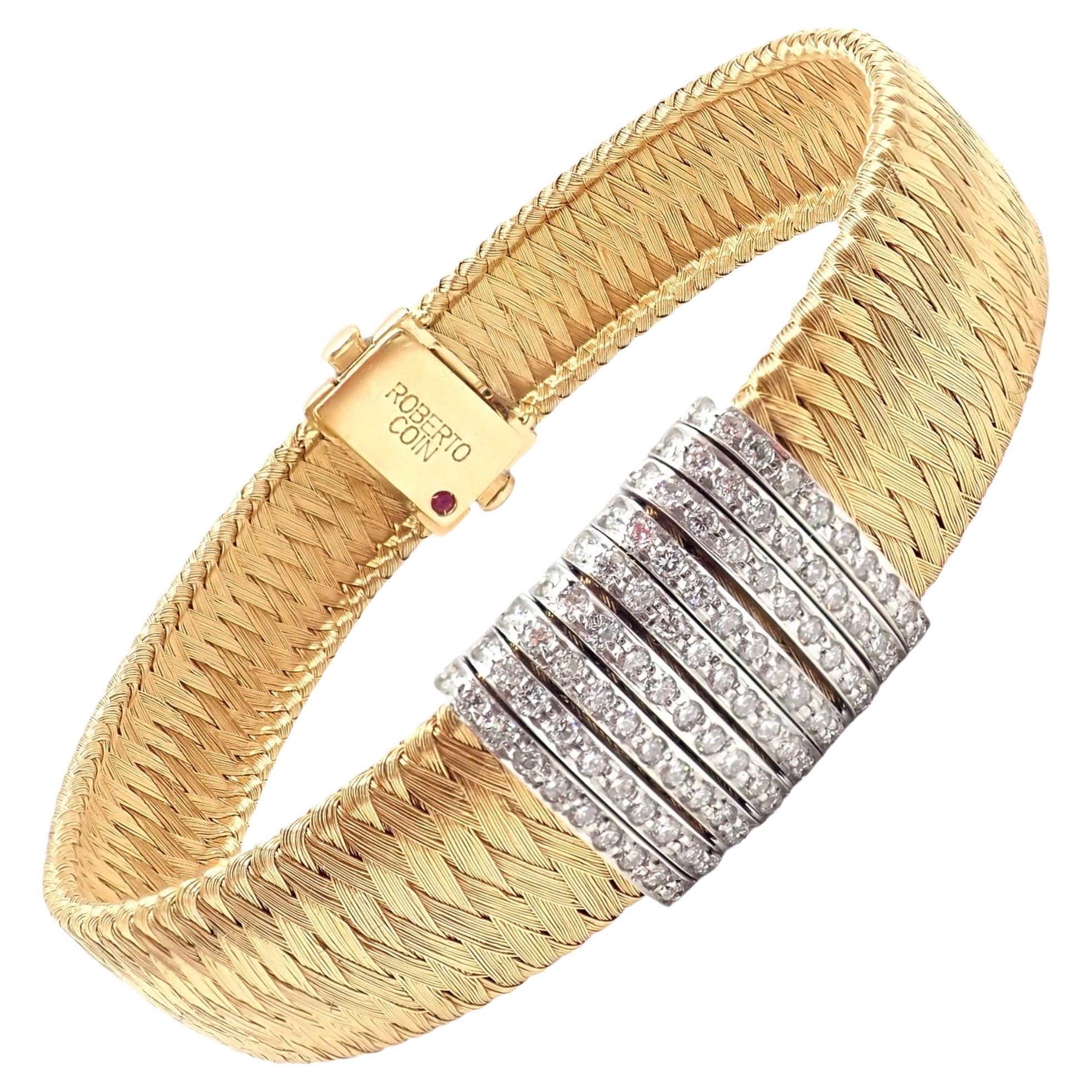 Roberto Coin Bracelet en or jaune tissé en soie avec 9 rangées de diamants et rubis en vente