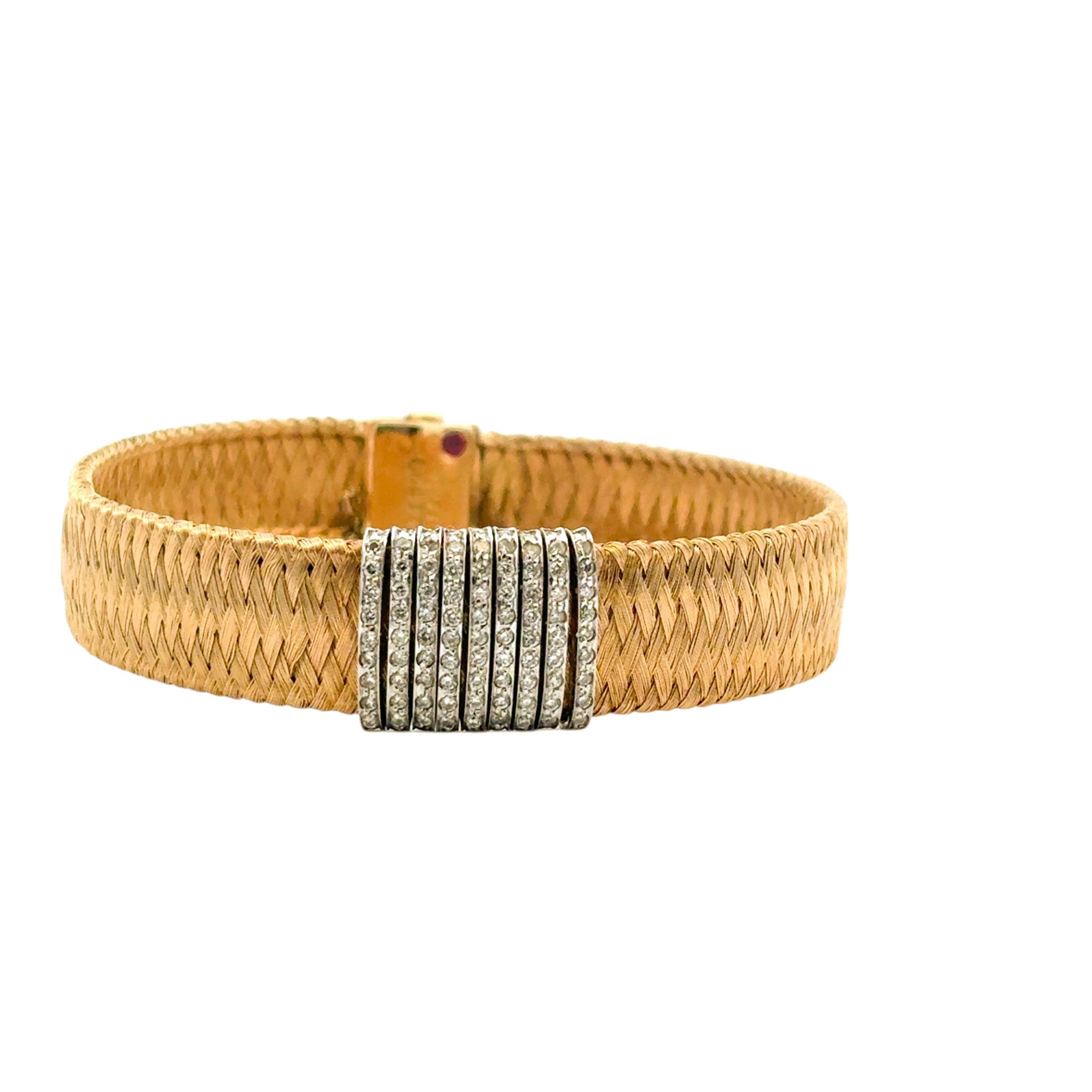 Roberto Coin Pulsera de oro amarillo y blanco de 18 quilates con tejido de seda y 9 filas de diamantes en venta 4