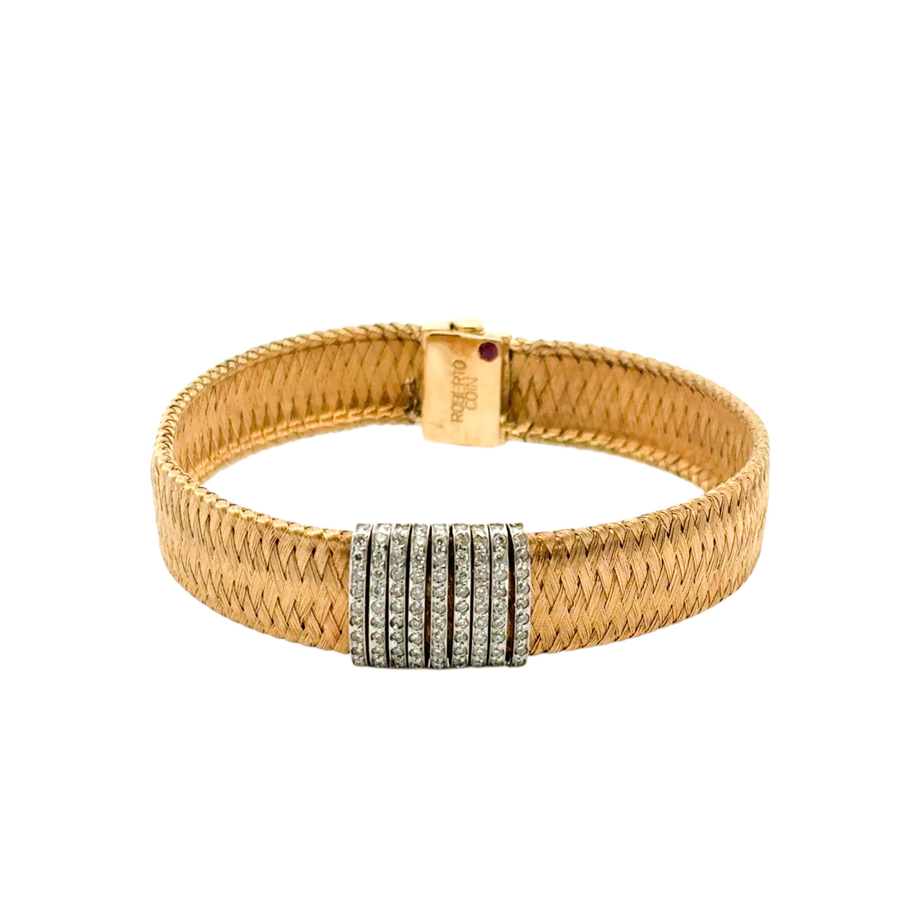 Roberto Coin Pulsera de oro amarillo y blanco de 18 quilates con tejido de seda y 9 filas de diamantes en venta 5