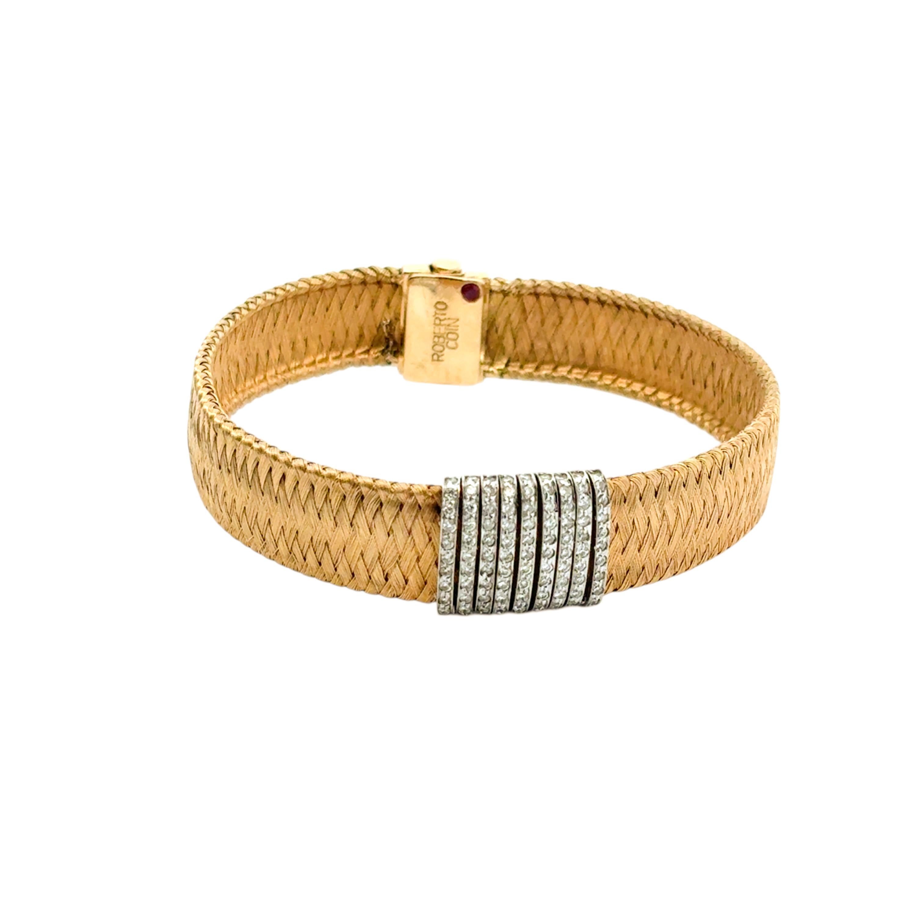 Roberto Coin Pulsera de oro amarillo y blanco de 18 quilates con tejido de seda y 9 filas de diamantes en venta 6