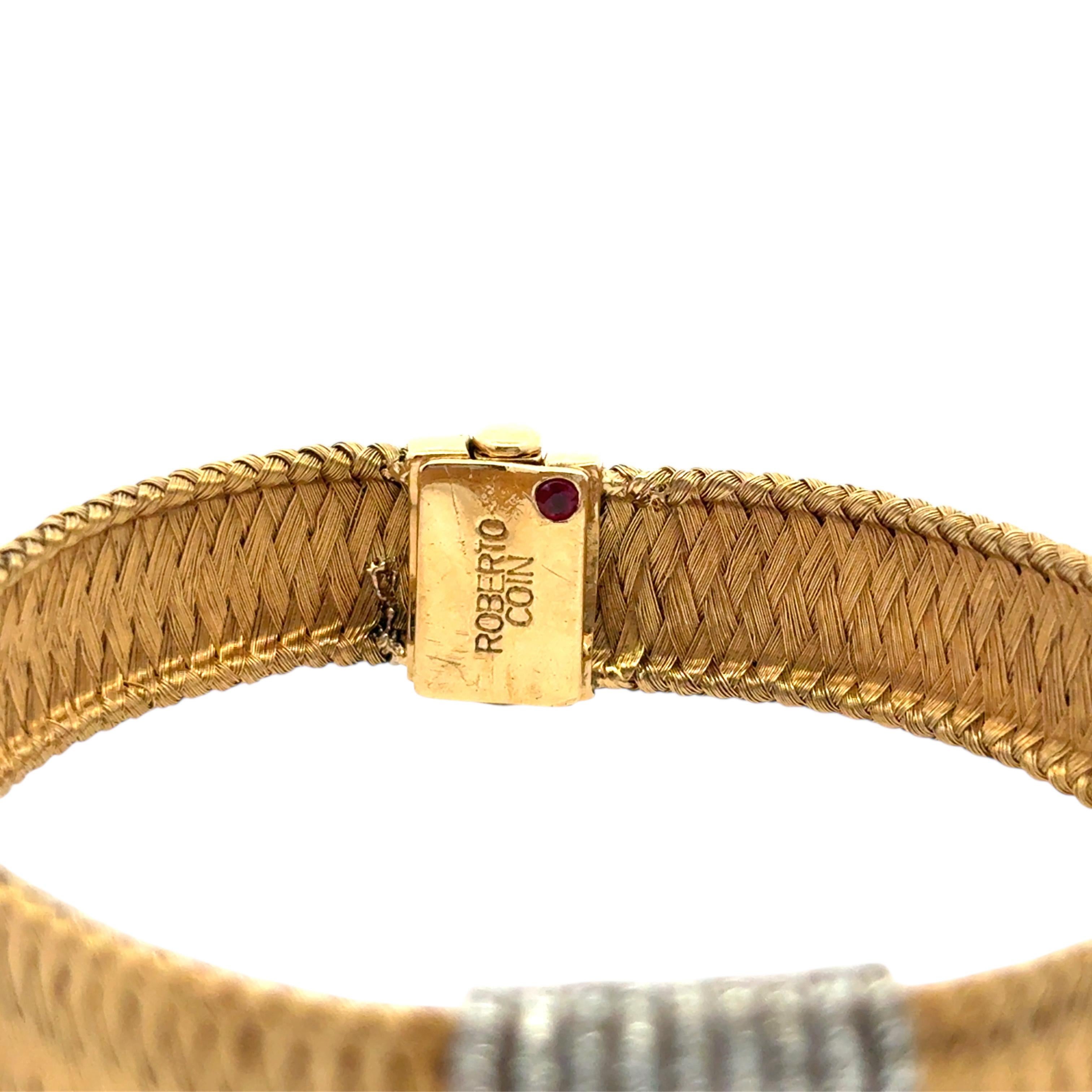 Roberto Coin Pulsera de oro amarillo y blanco de 18 quilates con tejido de seda y 9 filas de diamantes en venta 7