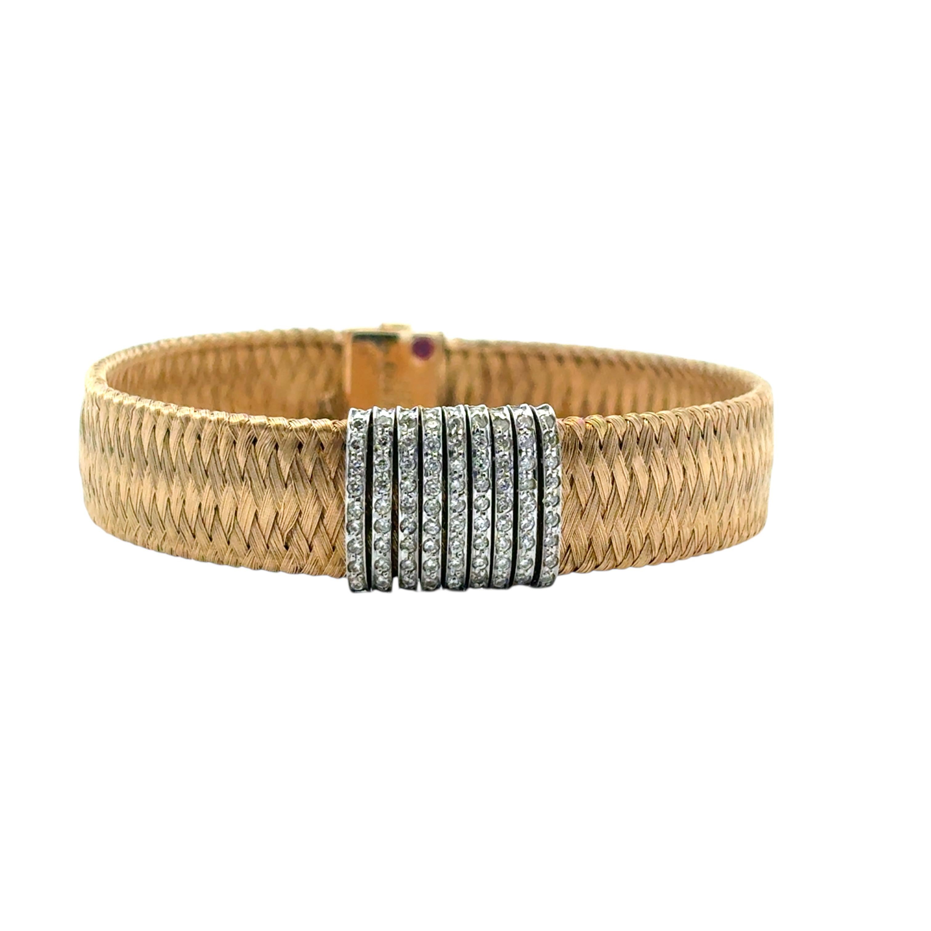 Roberto Coin Pulsera de oro amarillo y blanco de 18 quilates con tejido de seda y 9 filas de diamantes Moderno en venta