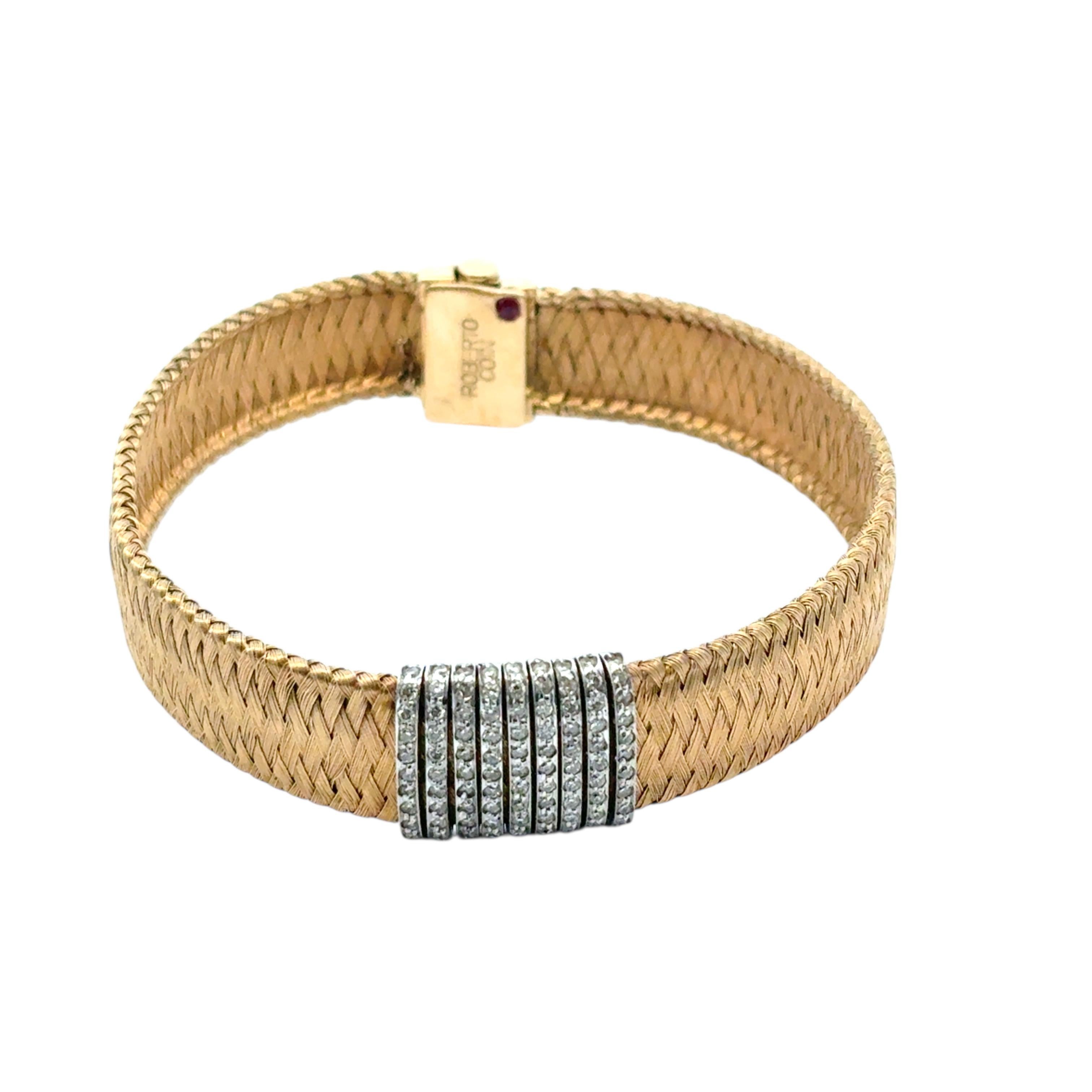 Roberto Coin Pulsera de oro amarillo y blanco de 18 quilates con tejido de seda y 9 filas de diamantes Corte redondo en venta