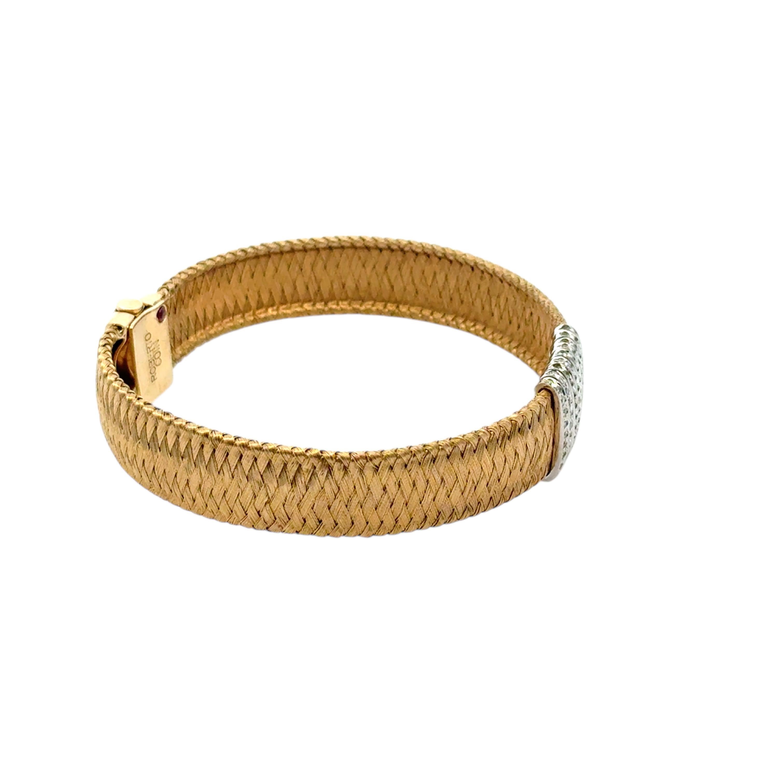 Roberto Coin Pulsera de oro amarillo y blanco de 18 quilates con tejido de seda y 9 filas de diamantes en Excelente estado para la venta en Boca Raton, FL