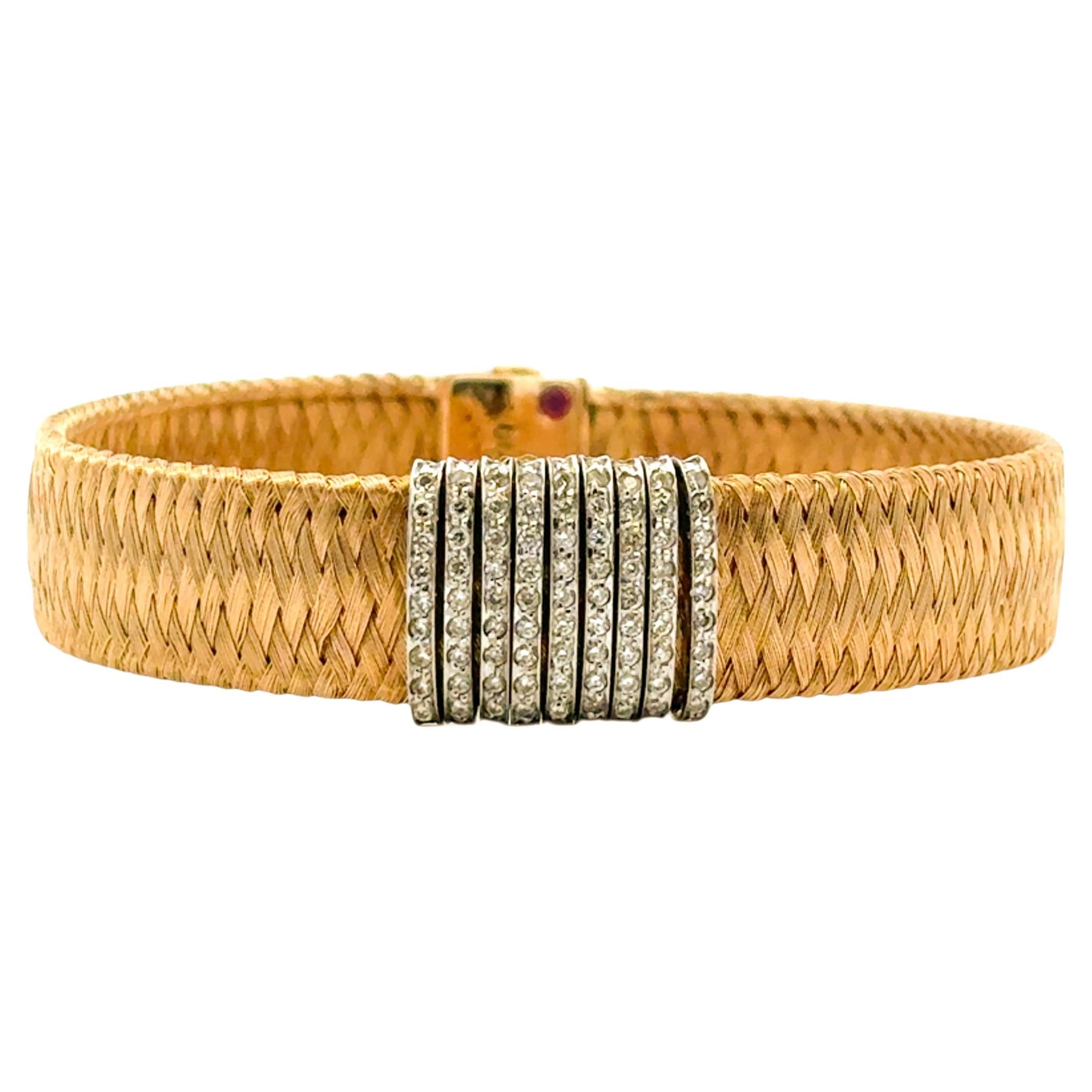 Roberto Coin Pulsera de oro amarillo y blanco de 18 quilates con tejido de seda y 9 filas de diamantes en venta