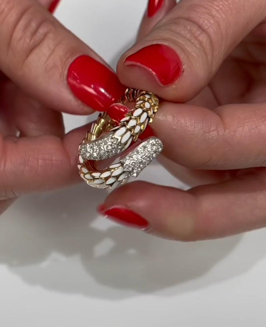 Roberto Coin Animalier - Anello a squama in oro 18 carati con smalto bianco e diamanti in vendita 3