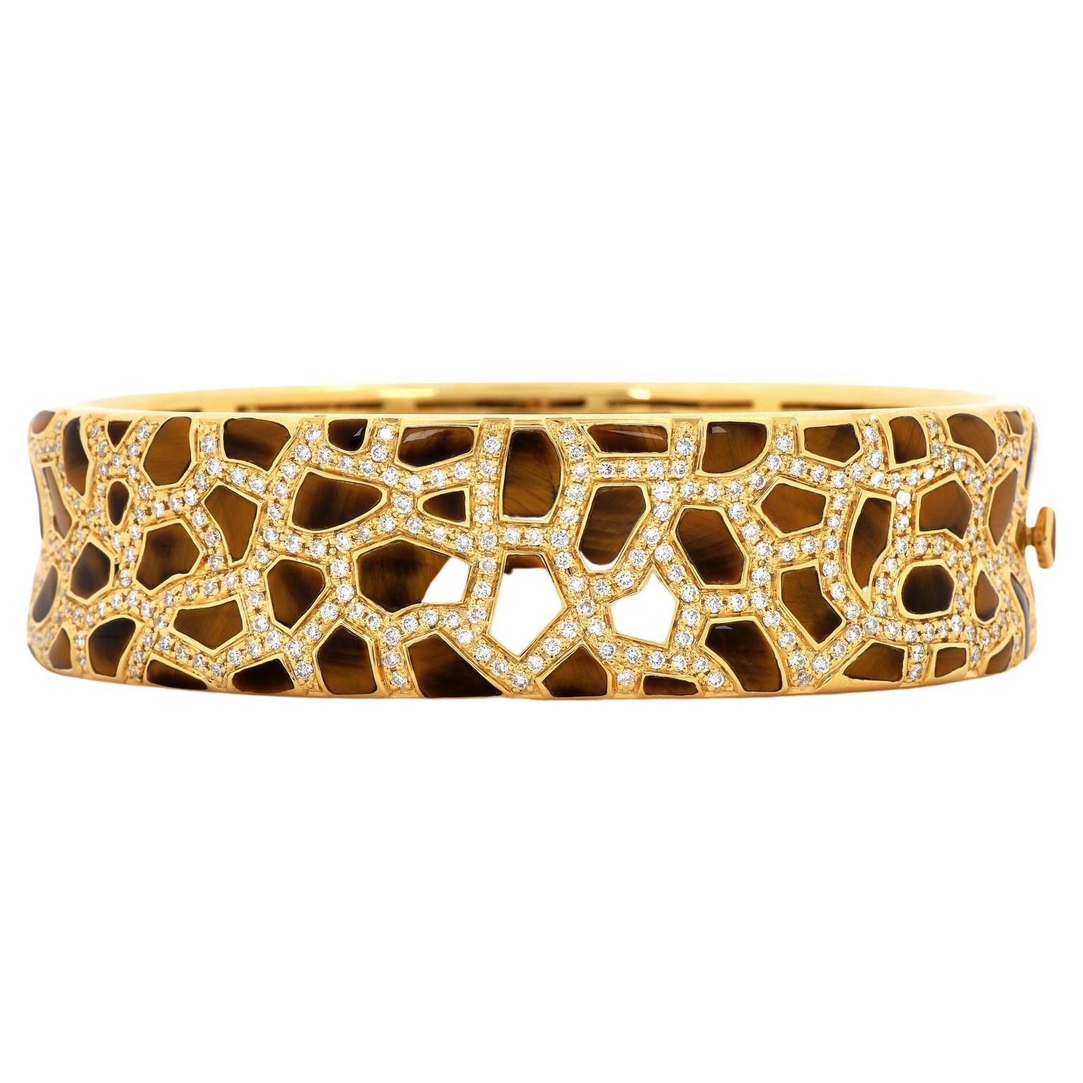 Roberto Coin Animalier Giraffe Diamond Tiger's Eye 18K Gold Bangle Bracelet For Sale