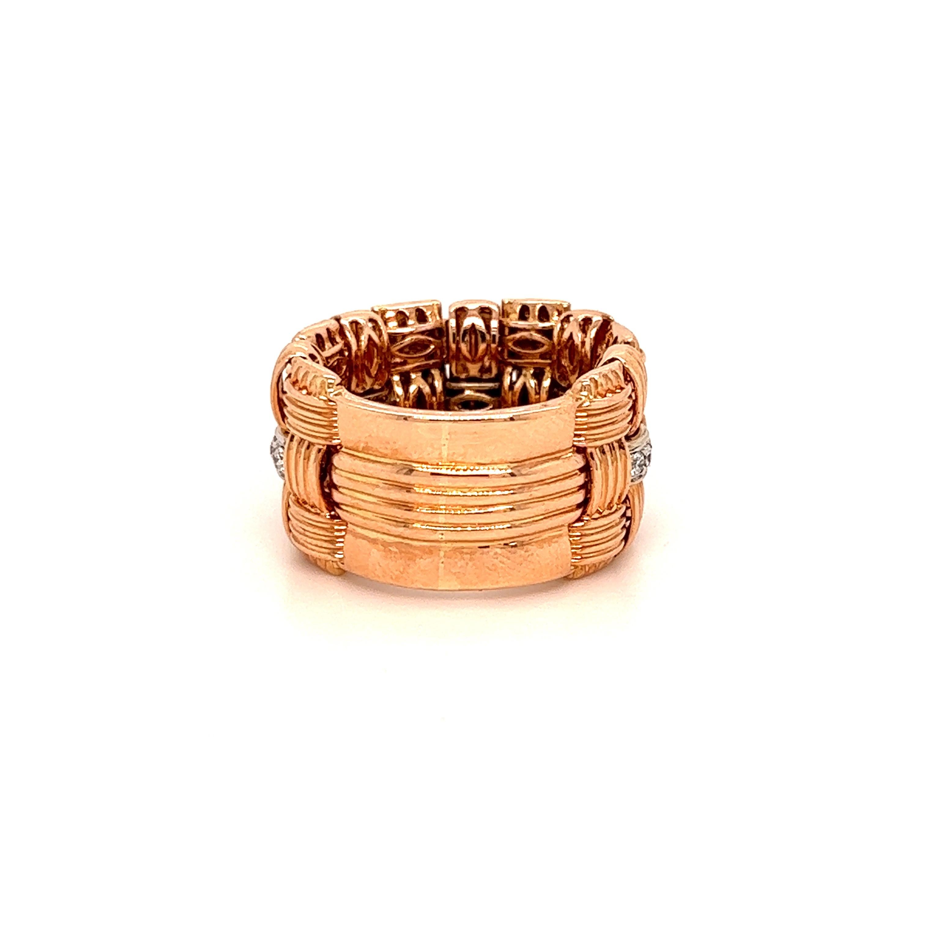 Round Cut Roberto Coin Appasionata 18k Rose Gold and Diamond Three Row Band Ring For Sale