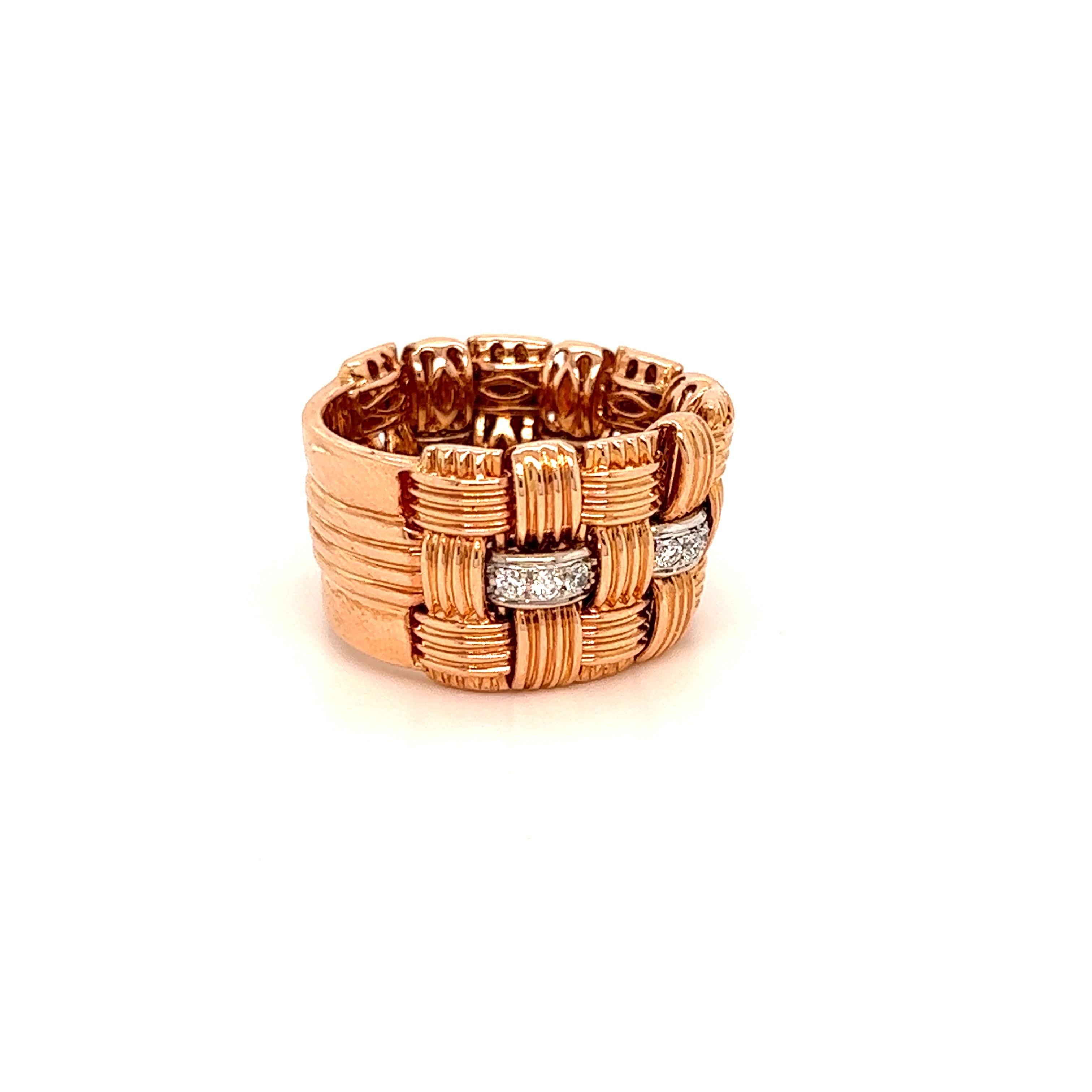 Roberto Coin Appasionata 18k Rose Gold and Diamond Three Row Band Ring In Excellent Condition For Sale In Boca Raton, FL