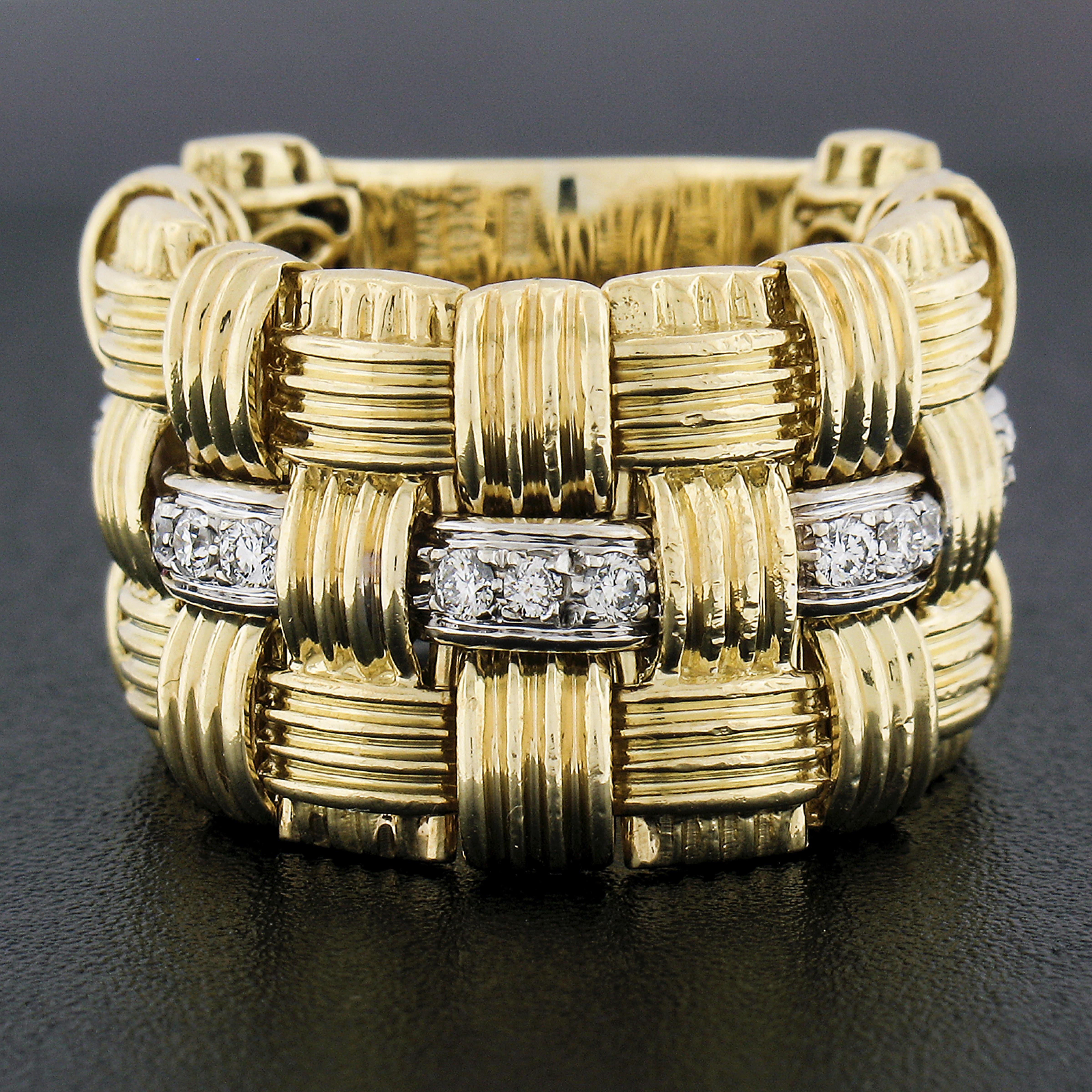 Round Cut Roberto Coin Appasionata 18K TT Gold Diamond Flexible Woven Wide Band Ring For Sale