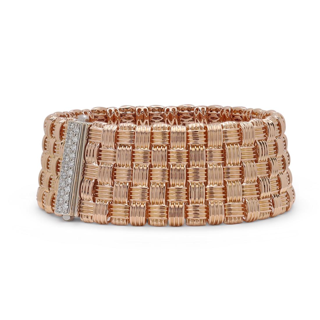 Authentic Roberto Coin 18 karat rose gold flexible five-row woven look bracelet with a diamond-encrusted clasp from the Appassionata collection. The round brilliant cut diamonds (G-H in color, VS-SI clarity) estimated at 0.40 carats total are set in