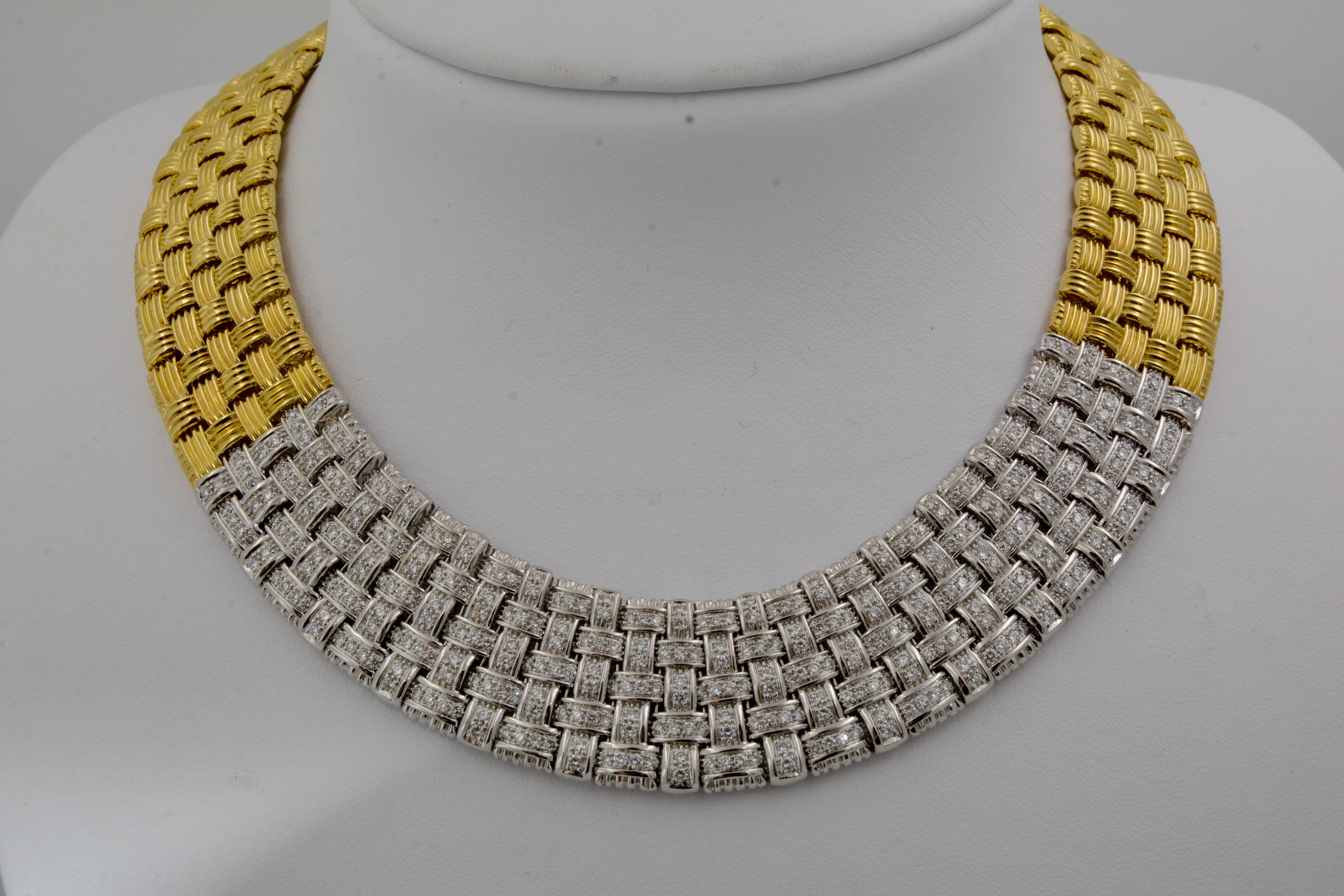 Italian designer Roberto Coin is known for his romantic and timeless craftsmanship; the brand has become an international success embracing creativity and quality. This five-row 18K yellow and white gold interlocking ribbed necklace is from the