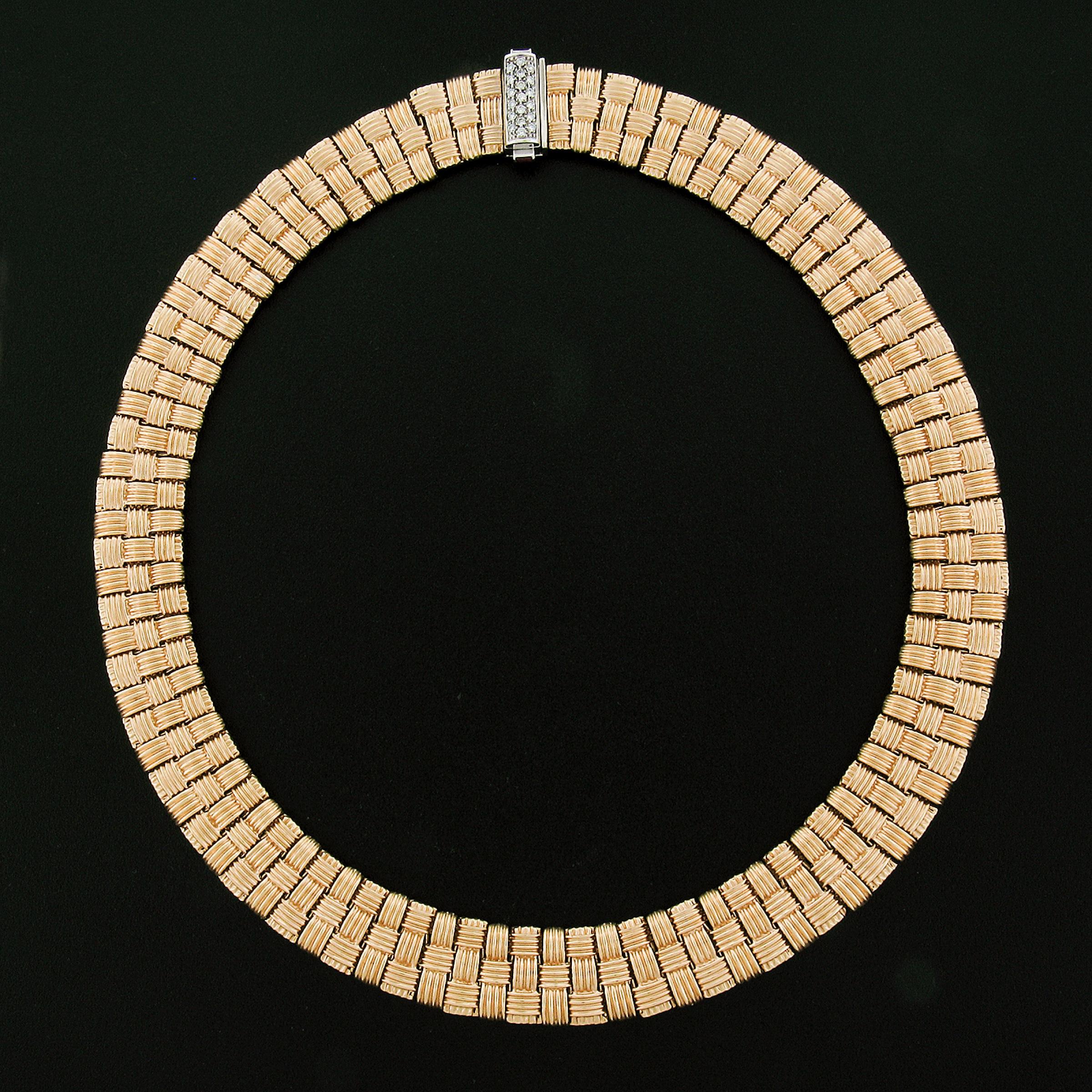 Roberto Coin Appassionata 18k Rose Gold Woven Wide Collar Necklace Diamond Clasp For Sale 3