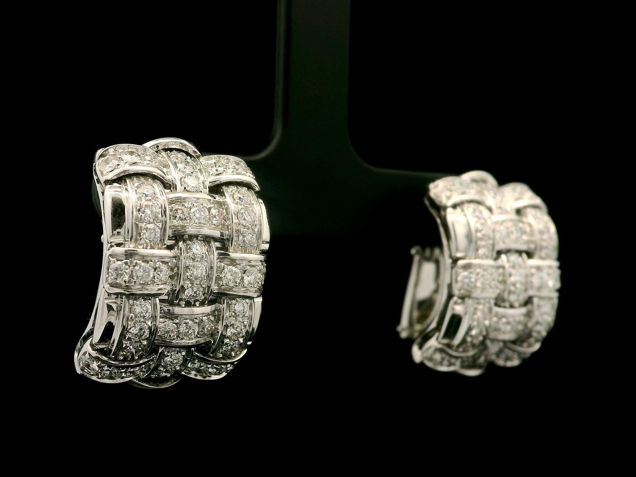 Brilliant Cut Roberto Coin Appassionata 18k White Gold 1.50ctw Diamond Weave Cuff Earrings For Sale