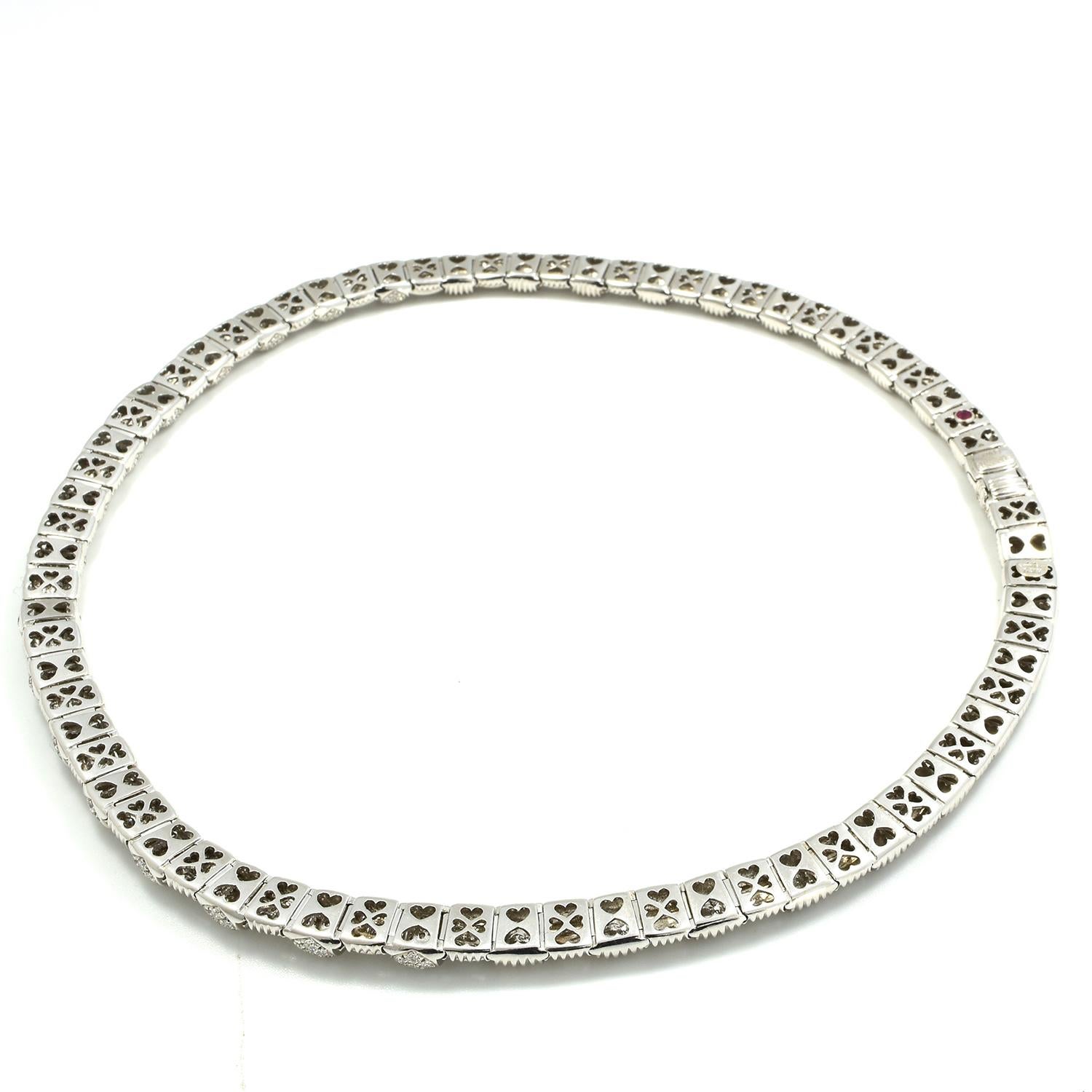 Designer: Roberto Coin

Collection: Appassionata

Metal: White Gold

Metal Purity: 18k

Total Item Weight (grams): 76.3 g

Necklace Length: 16 inches

Stones: Round Brilliant Cut Diamonds

Total Carat Weight: 7.36 TCW

Includes:  24 Months