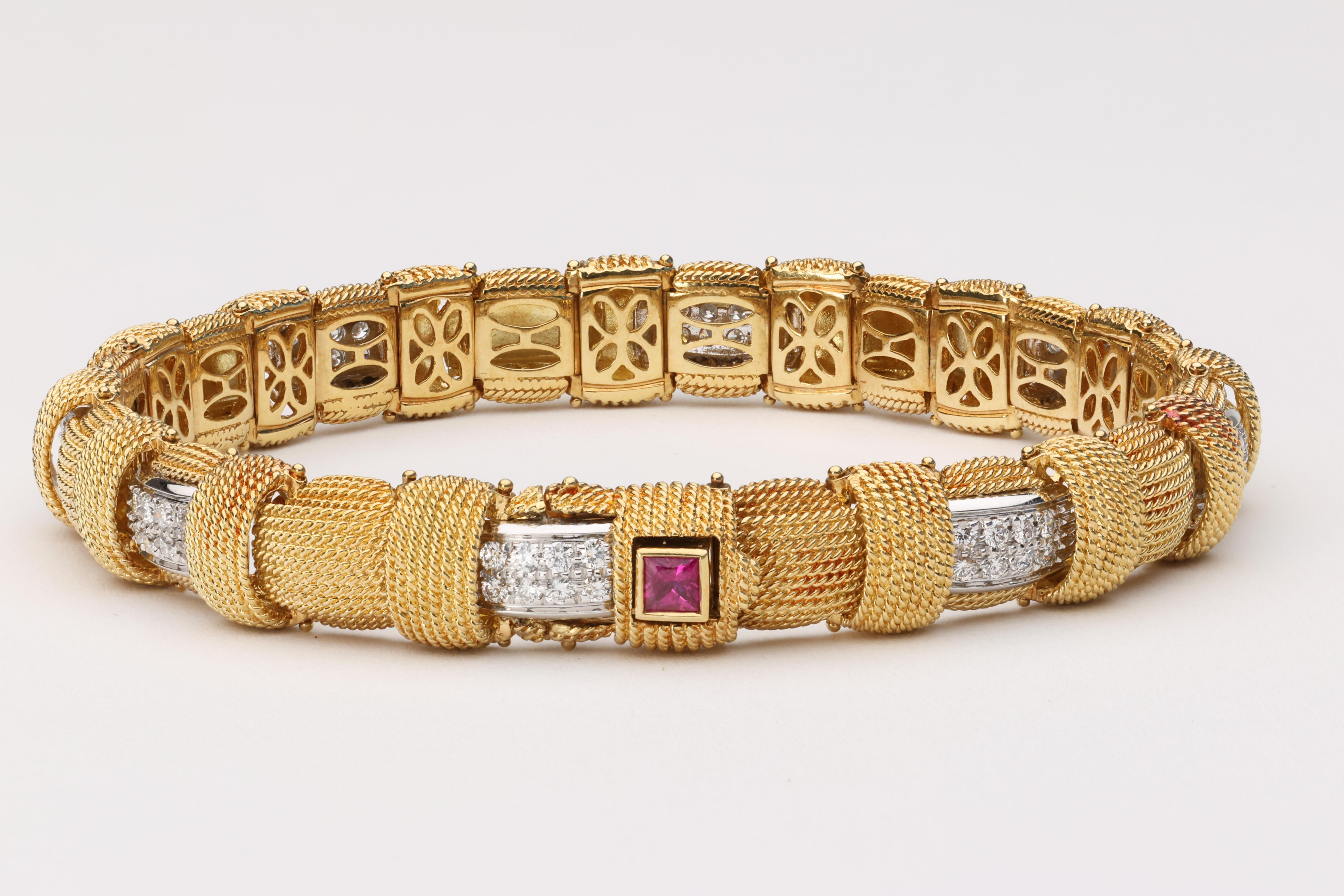 Contemporary Roberto Coin Appassionata Diamond and Ruby 18 Karat Yellow Gold Bracelet  For Sale