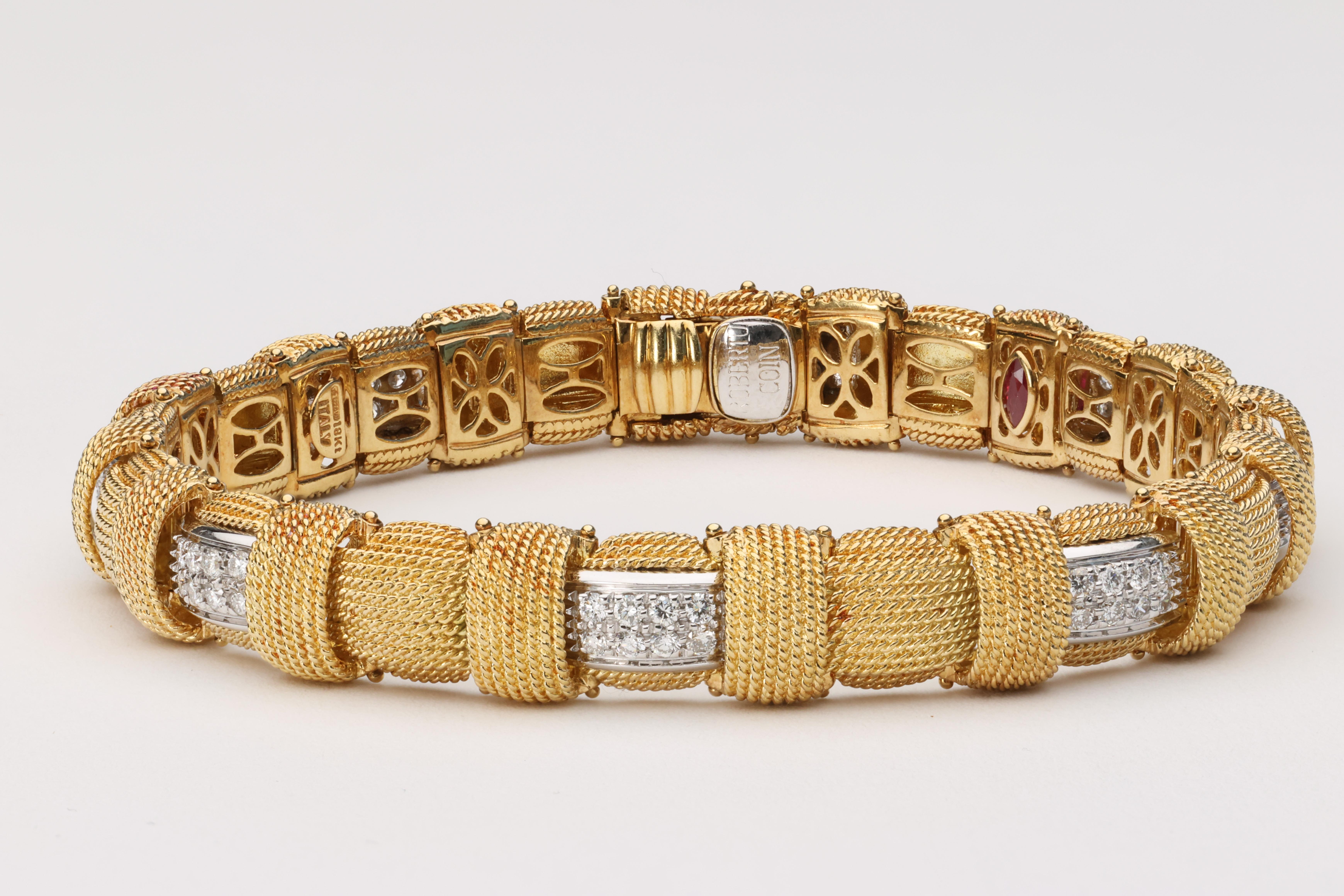Roberto Coin Appassionata Diamond and Ruby 18 Karat Yellow Gold Bracelet  In Good Condition For Sale In Tampa, FL
