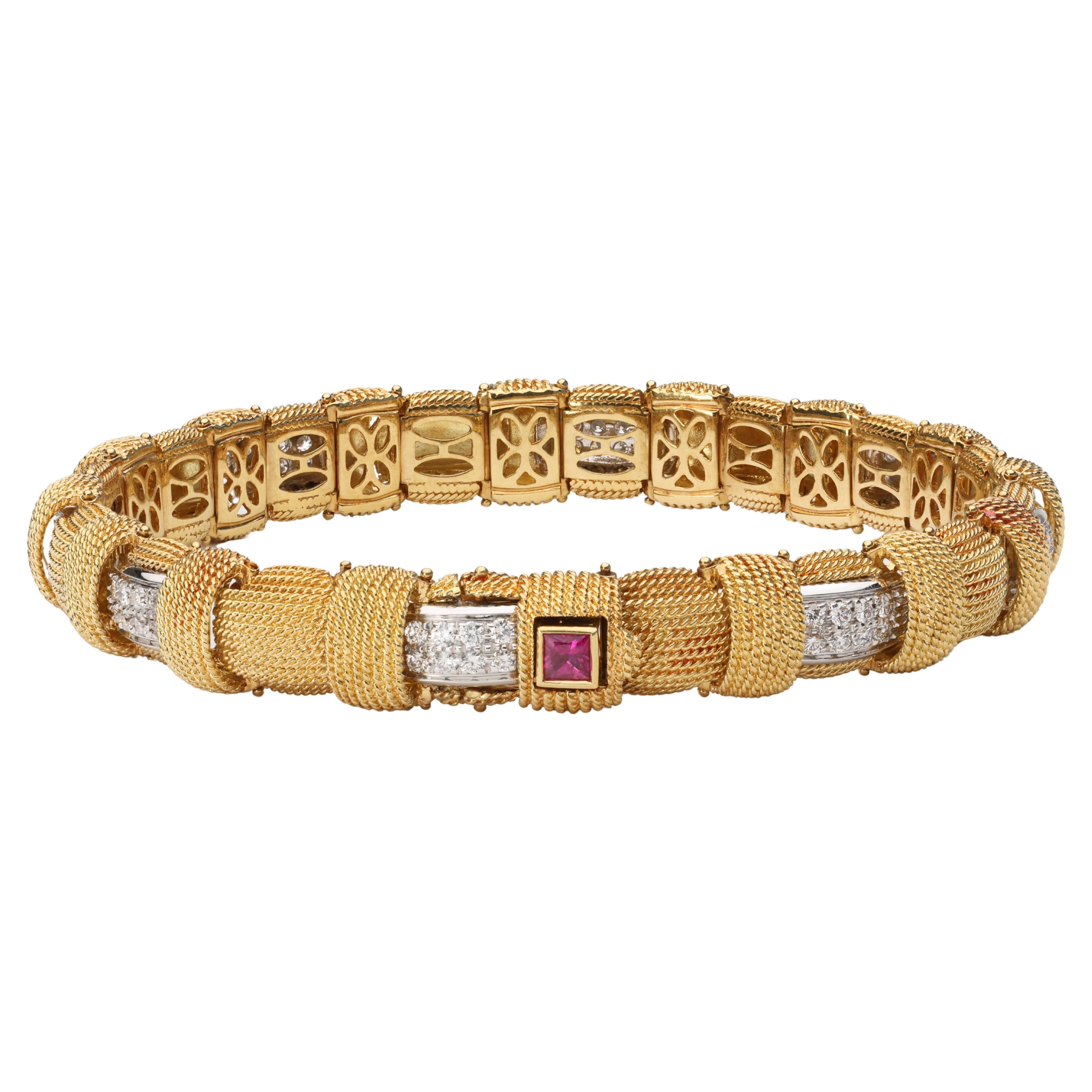 Roberto Coin Appassionata Diamond and Ruby 18 Karat Yellow Gold Bracelet  For Sale