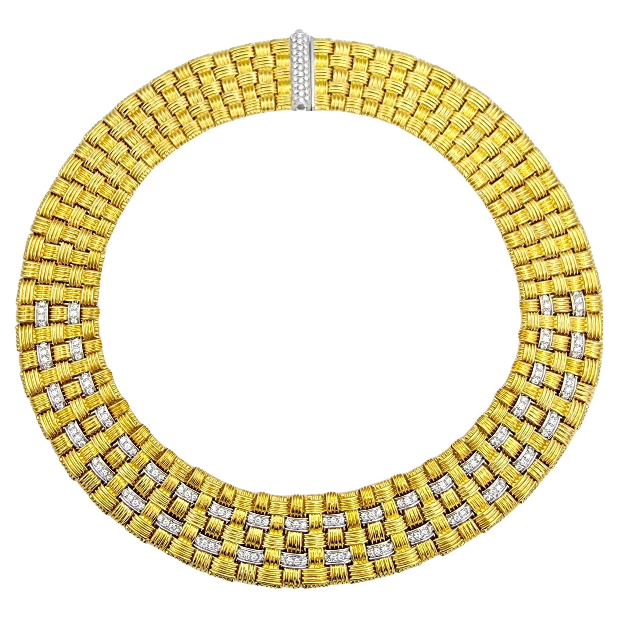 This beautiful Roberto Coin Appassionata diamond collar necklace, crafted in 18 karat yellow gold, is a luxurious and sophisticated piece of jewelry that exudes elegance and style. This exquisite collar necklace features the iconic Appassionata