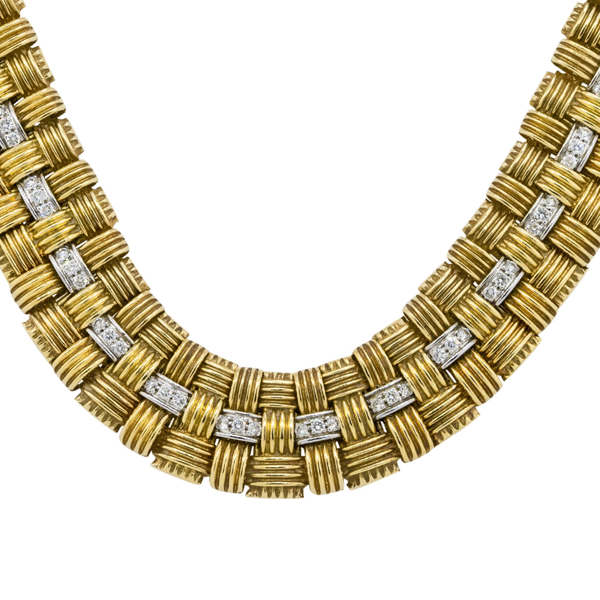 Make: Roberto Coin, Appassionata Necklace
Material: 14k Yellow Gold
Diamond Details: Approx. 33.02ctw of round cut and invisible set baguette Diamonds. Diamonds are G/H in color and VS in clarity.
Measurements: Necklace measures 17