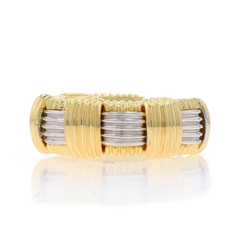 Size: 6

Brand: Roberto Coin
Collection: Appassionata
Design:  Woven Band

Metal Content: 18k Yellow Gold & 18k White Gold

Stone Information
Synthetic Ruby
Cut: Round
Color: Pinkish Red
Stone Note: (one hidden peek-a-boo accent)

Style: Statement