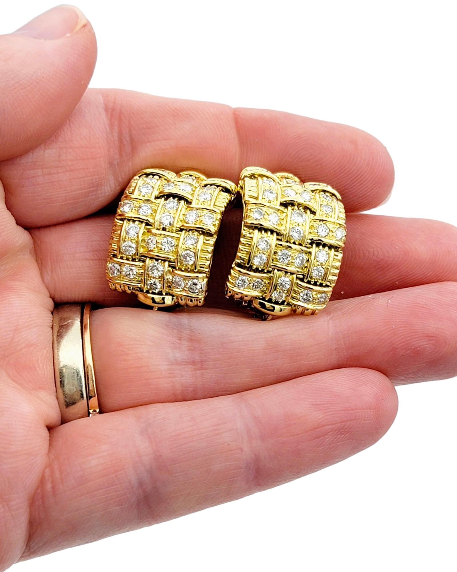 Roberto Coin Appassionata Woven Omega Back Earrings with Diamonds 18 Karat Gold For Sale 5