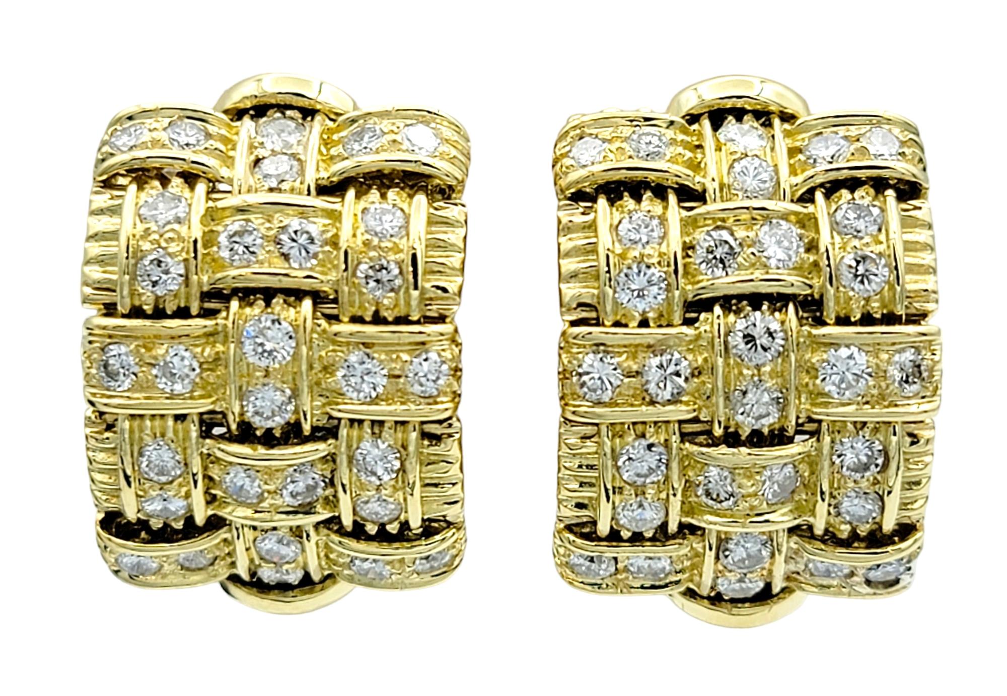 These elegant diamond earrings, set in 18 karat yellow gold, feature an omega back closure for a secure fit and comfortable wear. The standout feature of these earrings is their intricate woven design, creating a sense of depth and texture, allowing