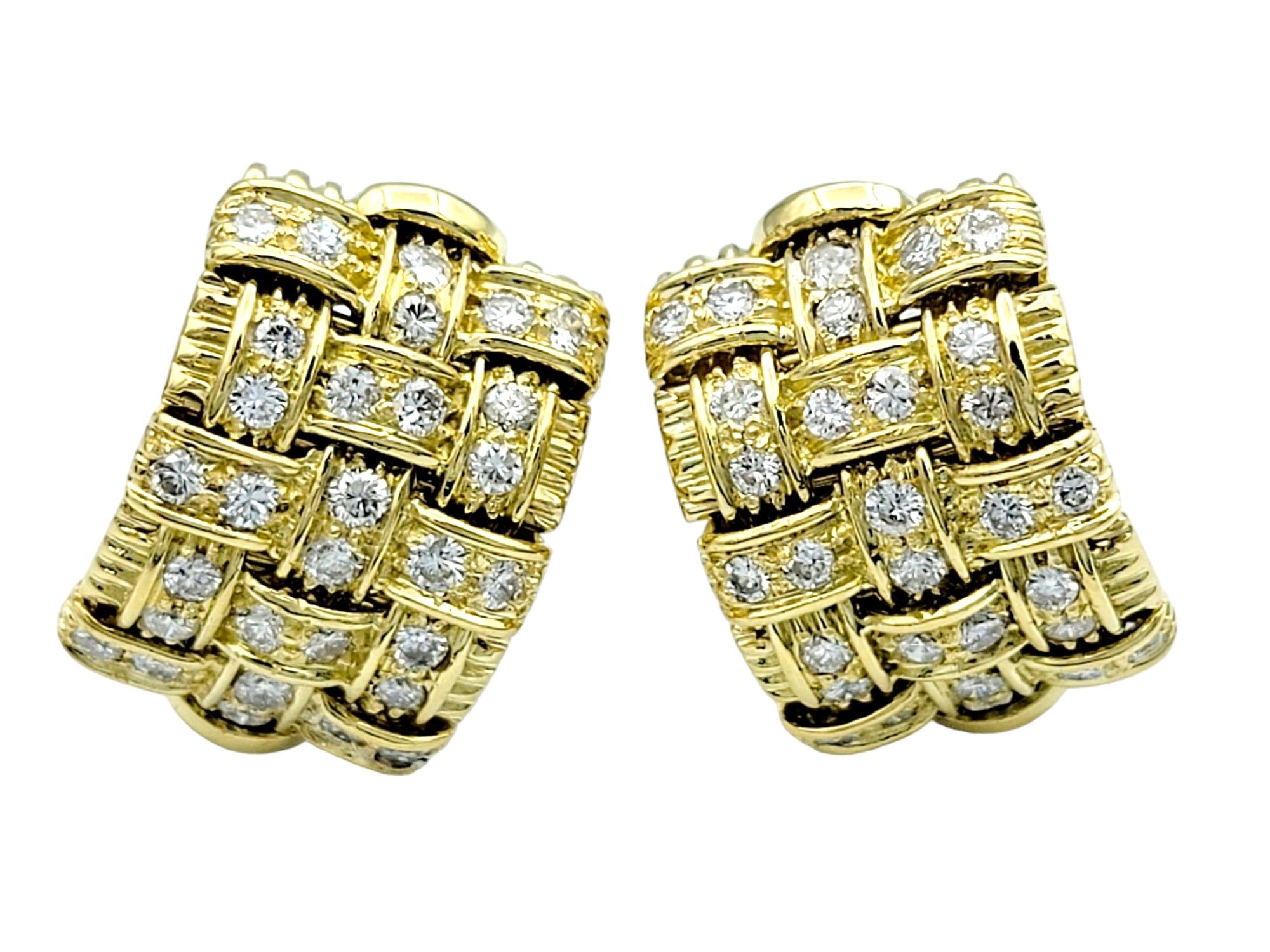Contemporary Roberto Coin Appassionata Woven Omega Back Earrings with Diamonds 18 Karat Gold For Sale