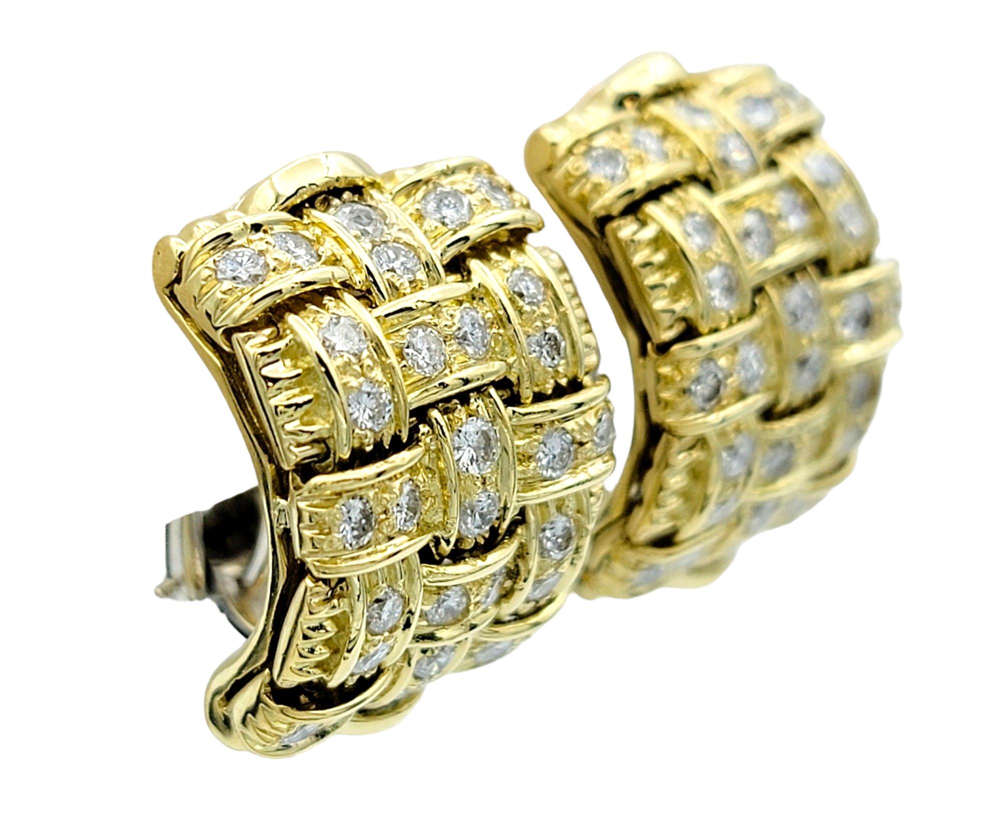 Round Cut Roberto Coin Appassionata Woven Omega Back Earrings with Diamonds 18 Karat Gold For Sale