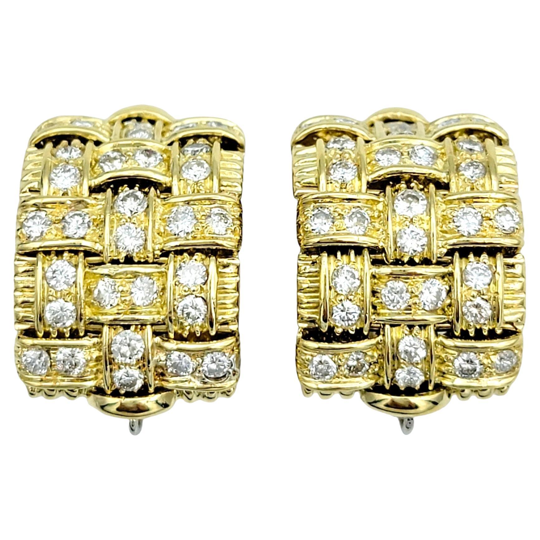 Roberto Coin Appassionata Woven Omega Back Earrings with Diamonds 18 Karat Gold For Sale