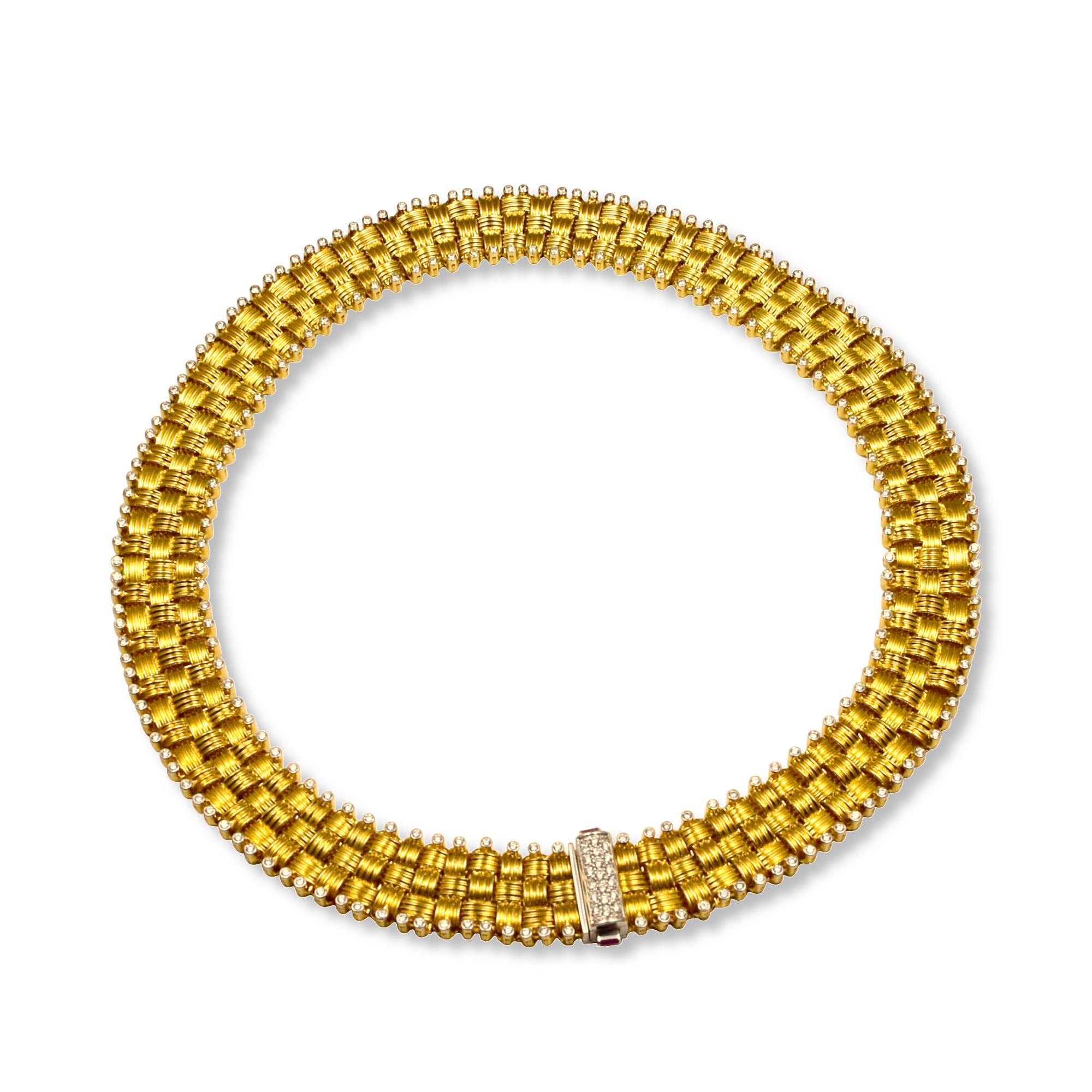 Designer: Roberto Coin  

Collection: Appassionata 

Style: Set of 4 : Earrings, Ring, Necklace, Bracelet 

Metal: Yellow  Gold 

Metal Purity: 18k



Bracelet Stones: 153 Diamonds, 3 Rubies,

Bracelet Dimensions: 7.5 inch  x 1 inch