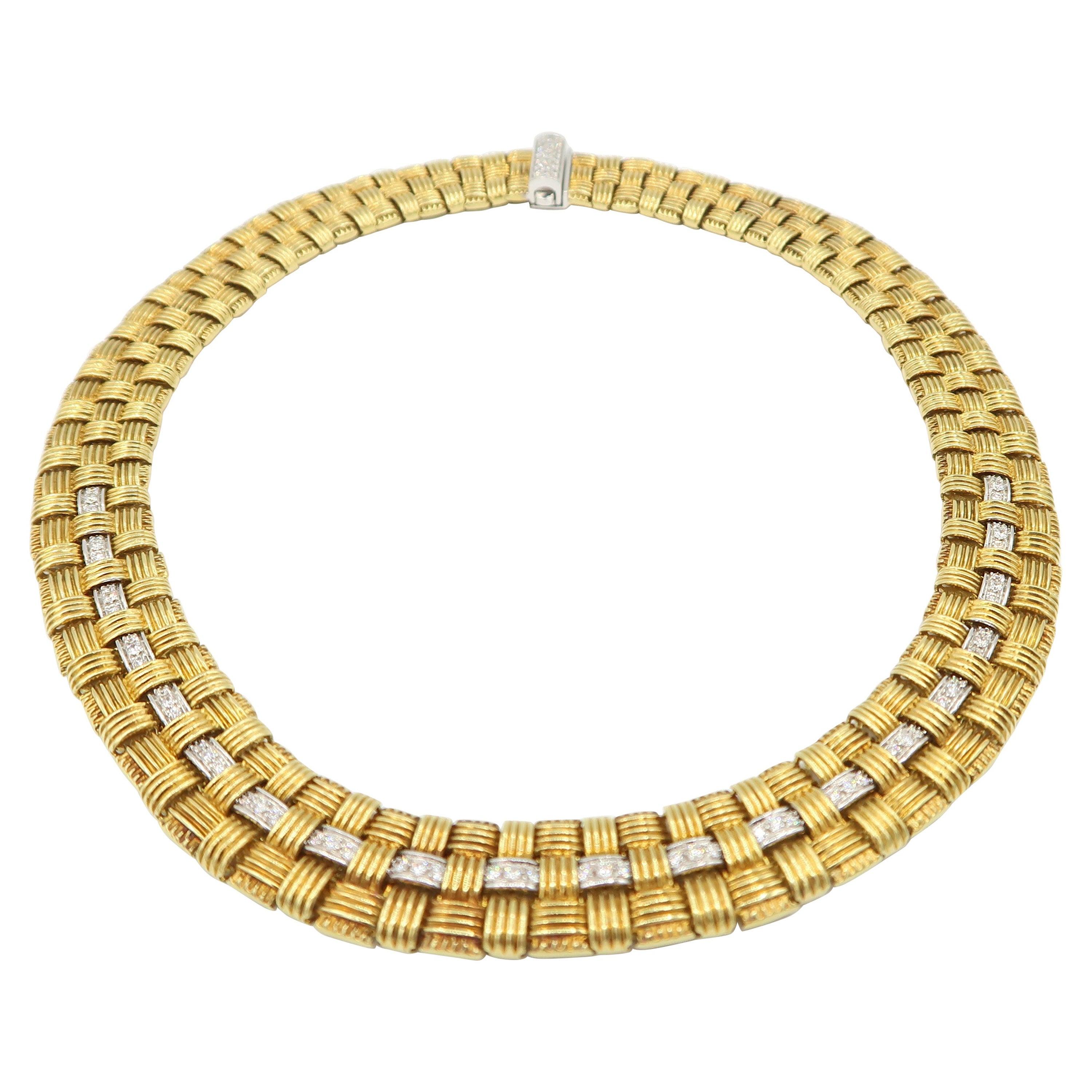 Roberto Coin Appassionata Yellow Gold Mesh Three-Row Necklace with Diamond For Sale