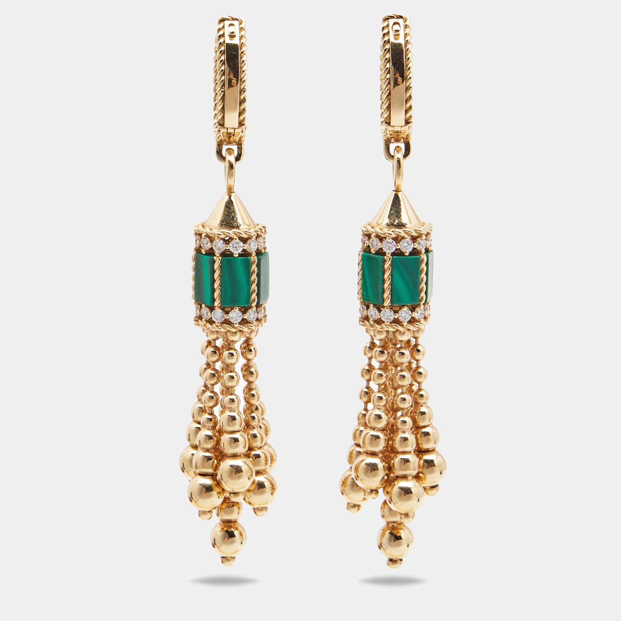 Roberto Coin Orecchini Art Deco con diamanti e malachite in oro rosa 18 ct. In condizioni ottime in vendita a Dubai, Al Qouz 2