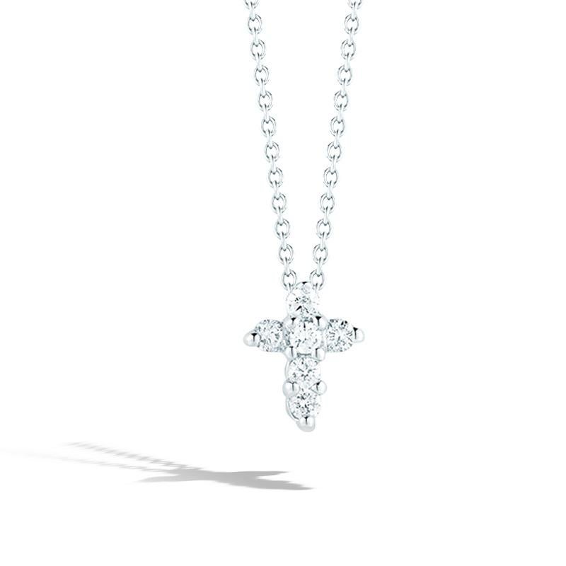 Roberto Coin Baby Cross Pendent with Diamonds
18k White Gold 
Diamonds 0.11 Carat Total Weight 
Chain 16