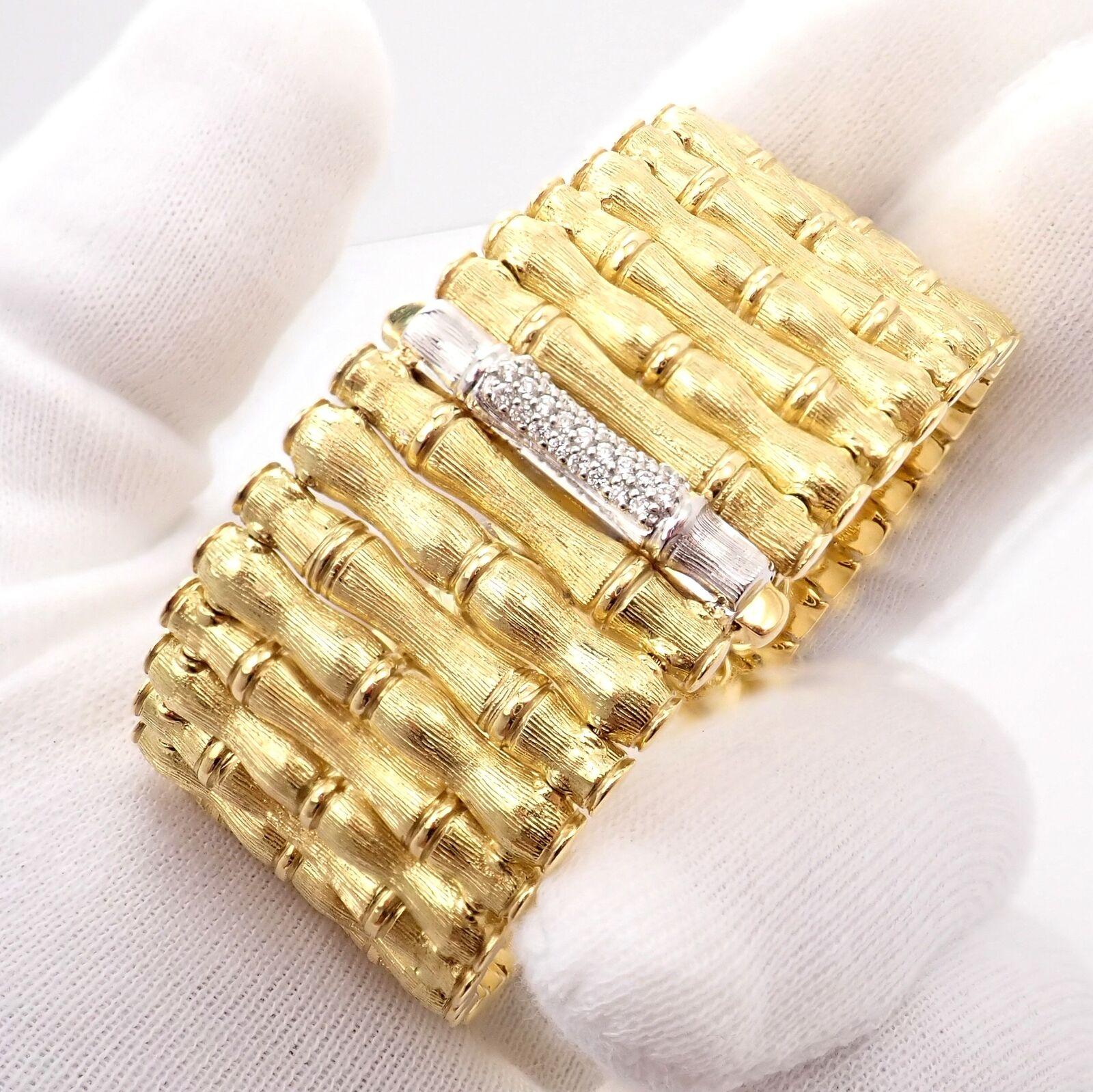 Brilliant Cut Roberto Coin Bamboo Diamond Ruby Wide Yellow Gold Bracelet For Sale