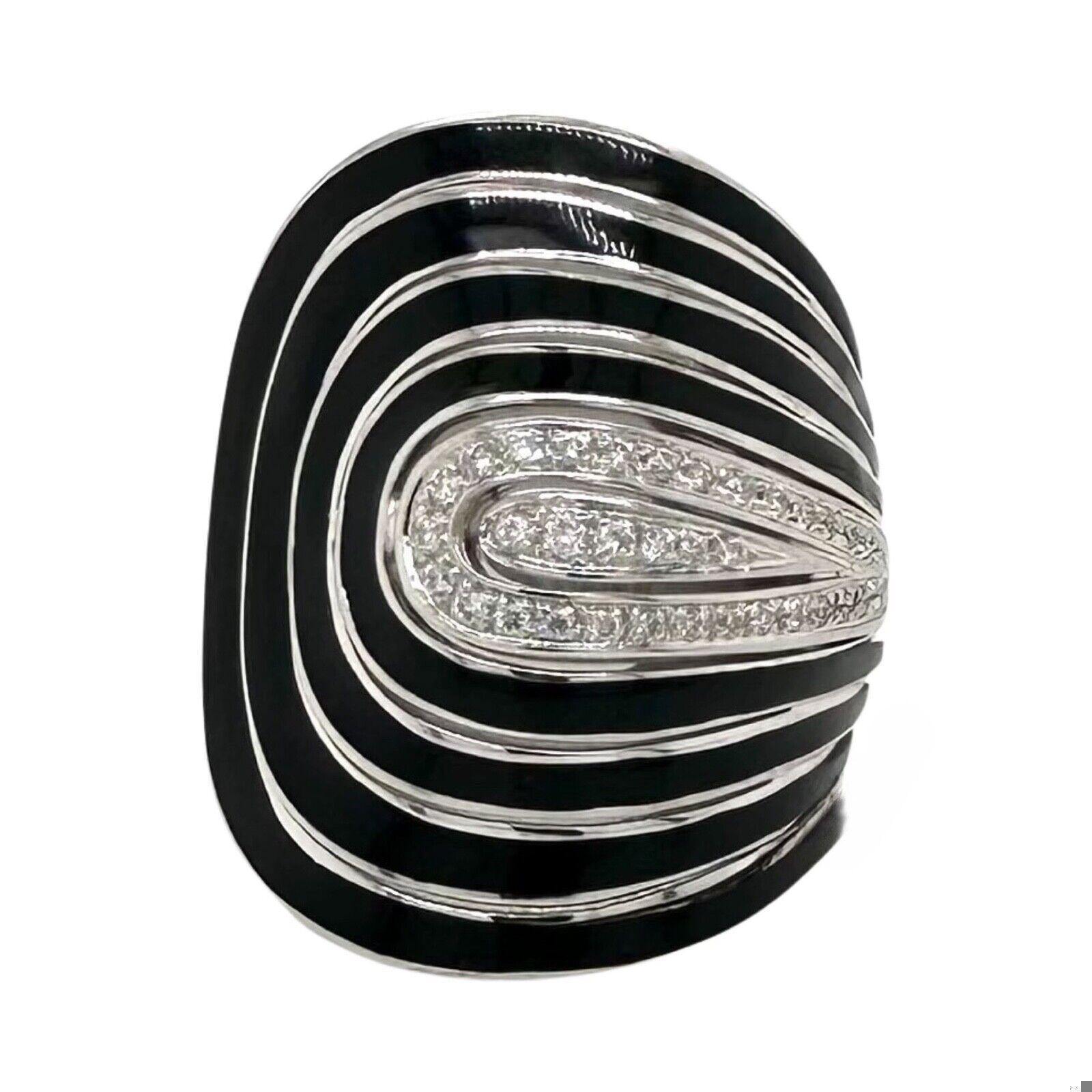 Brilliant Cut Roberto Coin Black Enamel And Diamond Cocktail Ring In 18K White Gold Size 7-8 For Sale