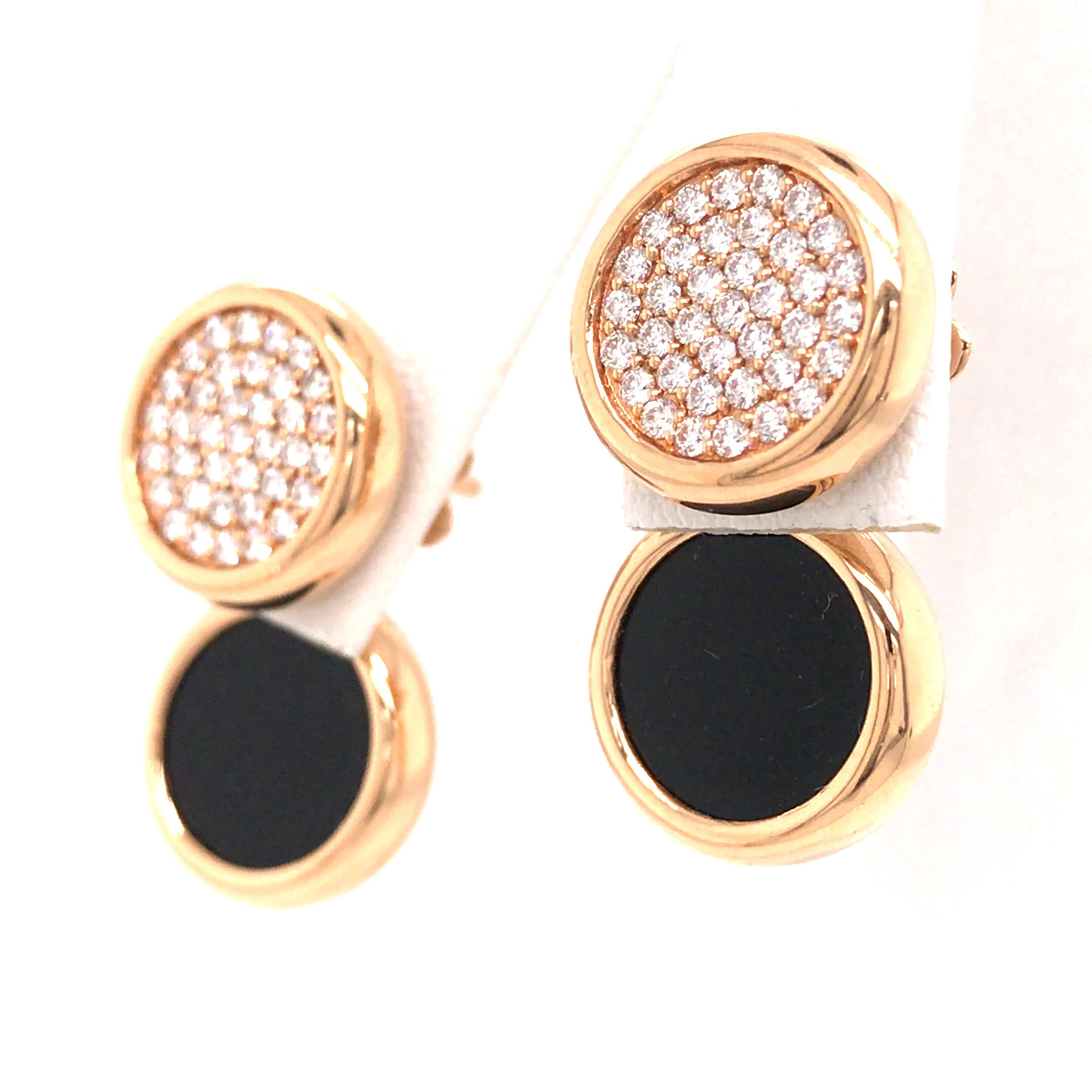 Round Cut Roberto Coin Black Jade and Diamond Earring in 18K Rose Gold