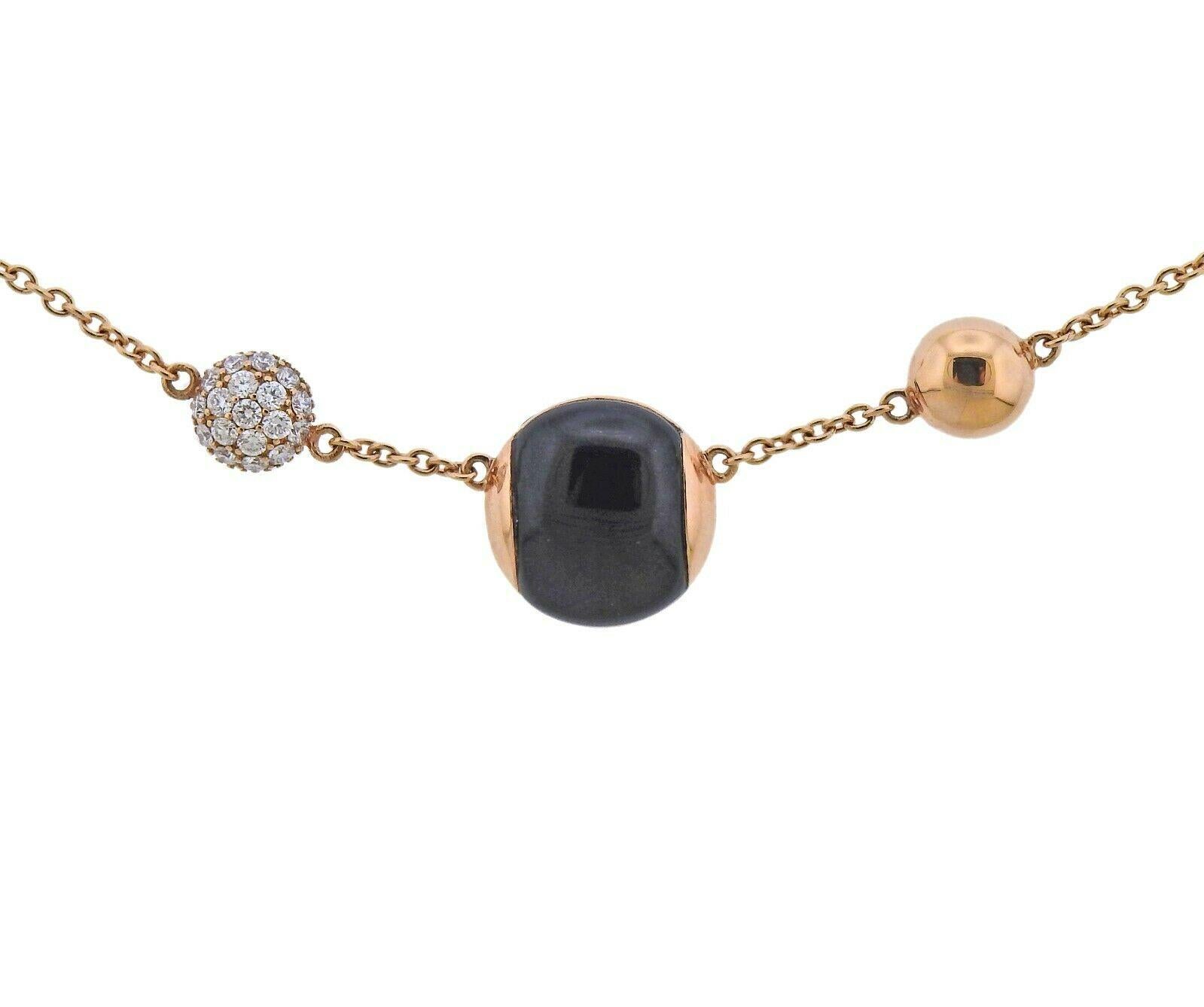 New 18k rose gold necklace by Roberto Coin, with black jade and approx. 0.22ctw in G/VS diamonds. Necklace is 18