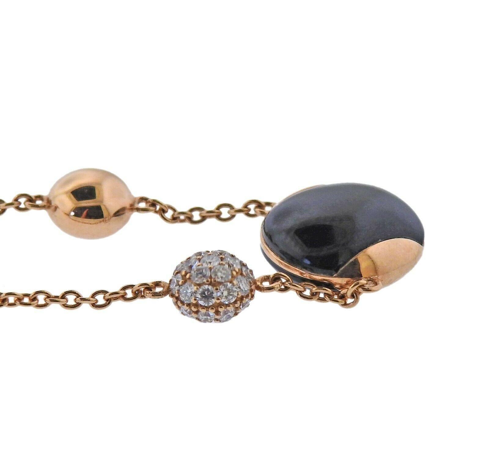 Round Cut Roberto Coin Black Jade Diamond Rose Gold Necklace