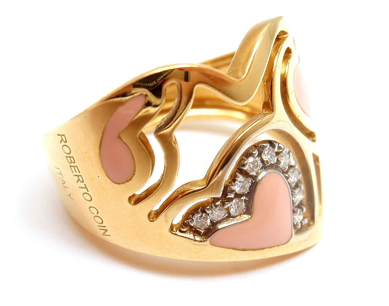 18k Yellow Gold Diamond & Pink Enamel Capri Ring by Roberto Coin. 
With 10 diamonds total weight approx. .10-.20ct GH/VS
Details:
Ring Size: 6.5
Weight: 9.9 grams
Width: 5-18mm
Stamped Hallmarks: Roberto Coin Italy 18k, plus one signature ruby
*Free