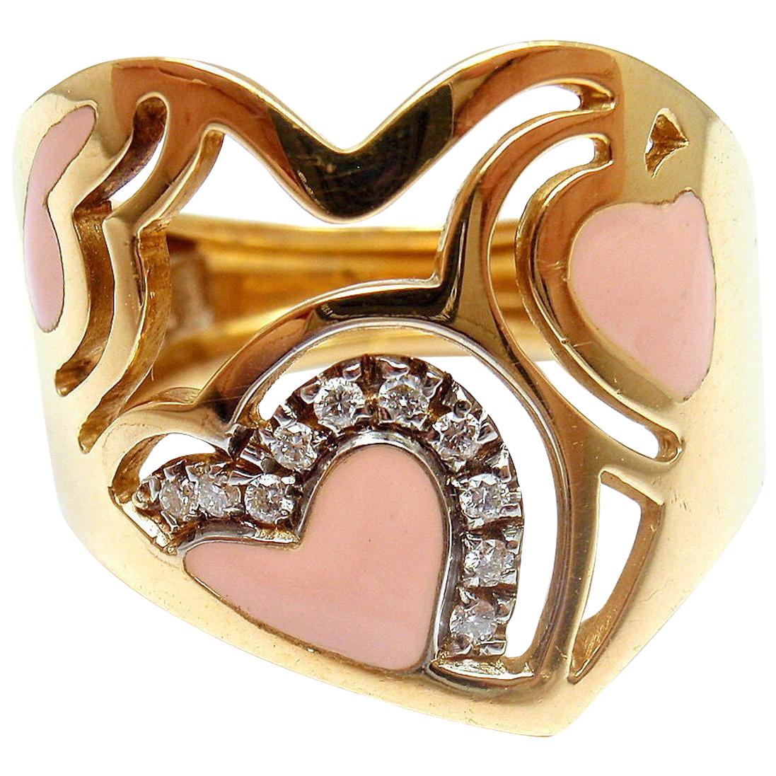 Roberto Coin Capri Diamond Pink Enamel Heart Yellow Gold Ring