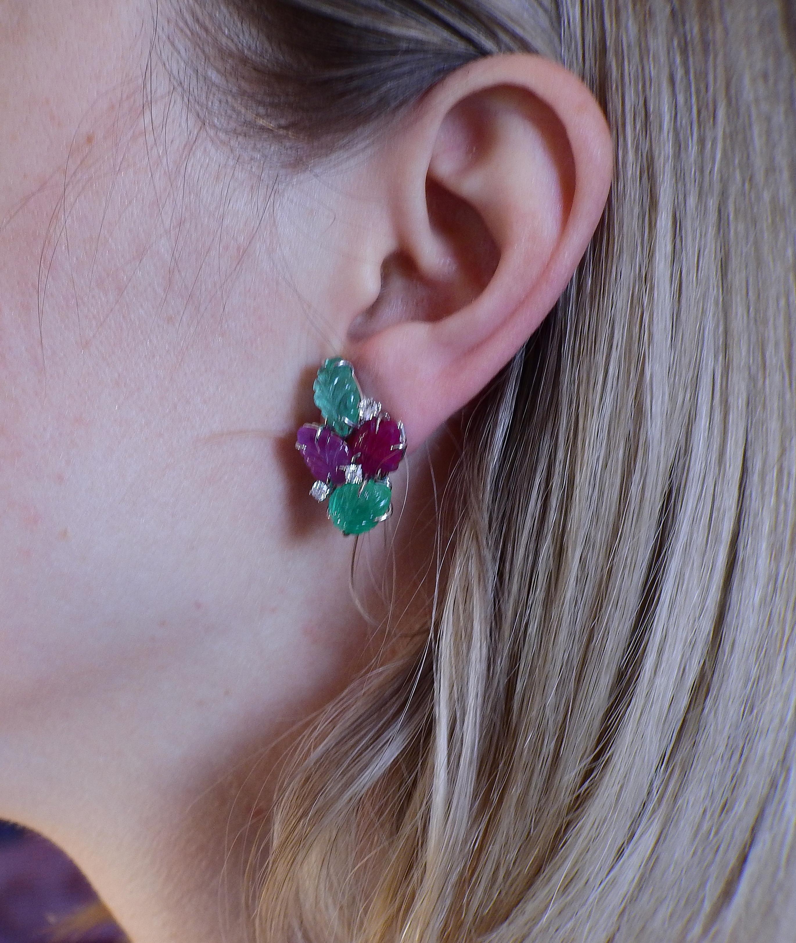 Women's Roberto Coin Carved Emerald Ruby Diamond Gold Earrings