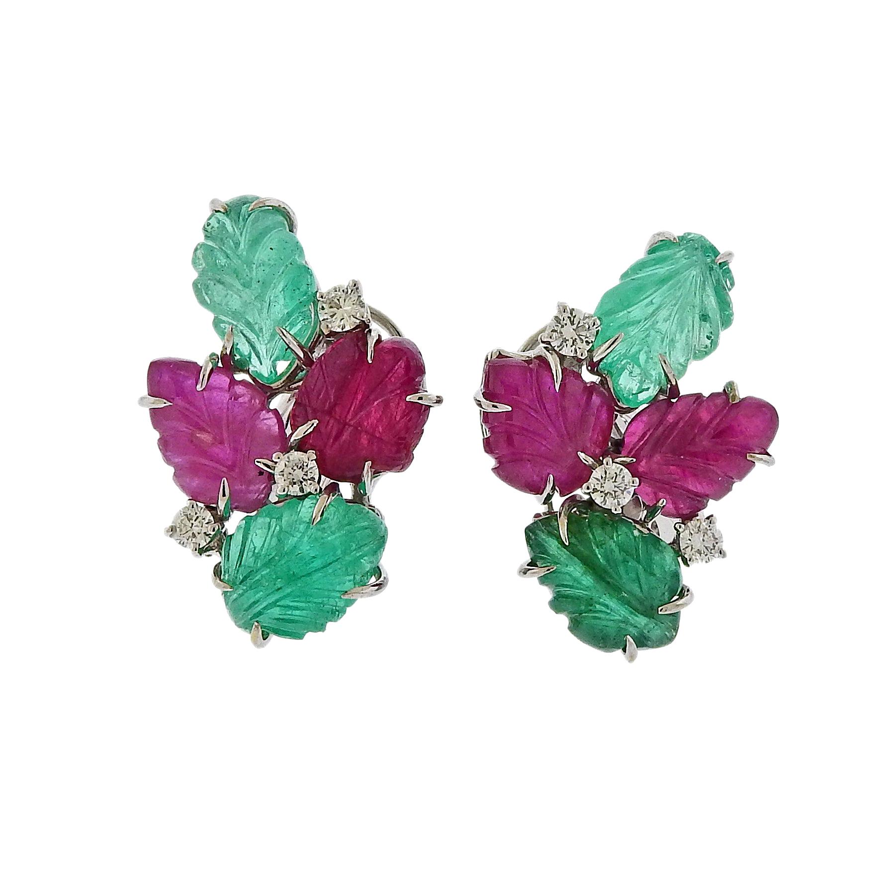 Roberto Coin Carved Emerald Ruby Diamond Gold Earrings