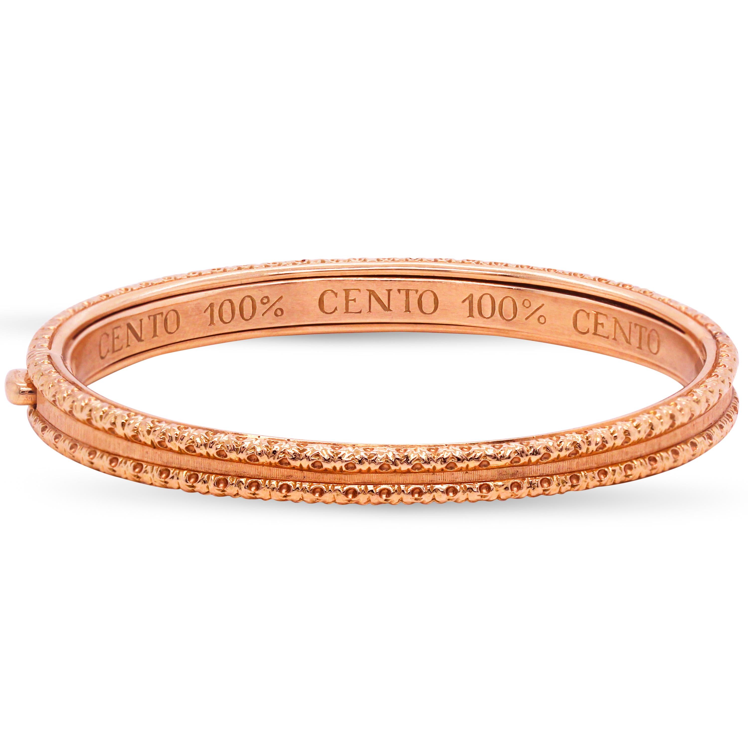 Roberto Coin Cento Collection 18K Rose Gold and Diamond Thin Bangle Bracelet

From the Cento Collection by Roberto Coin

This bracelet is done in solid 18k gold with diamonds set on one half.

Apprx. 2 carat G color, VS clarity diamonds total
