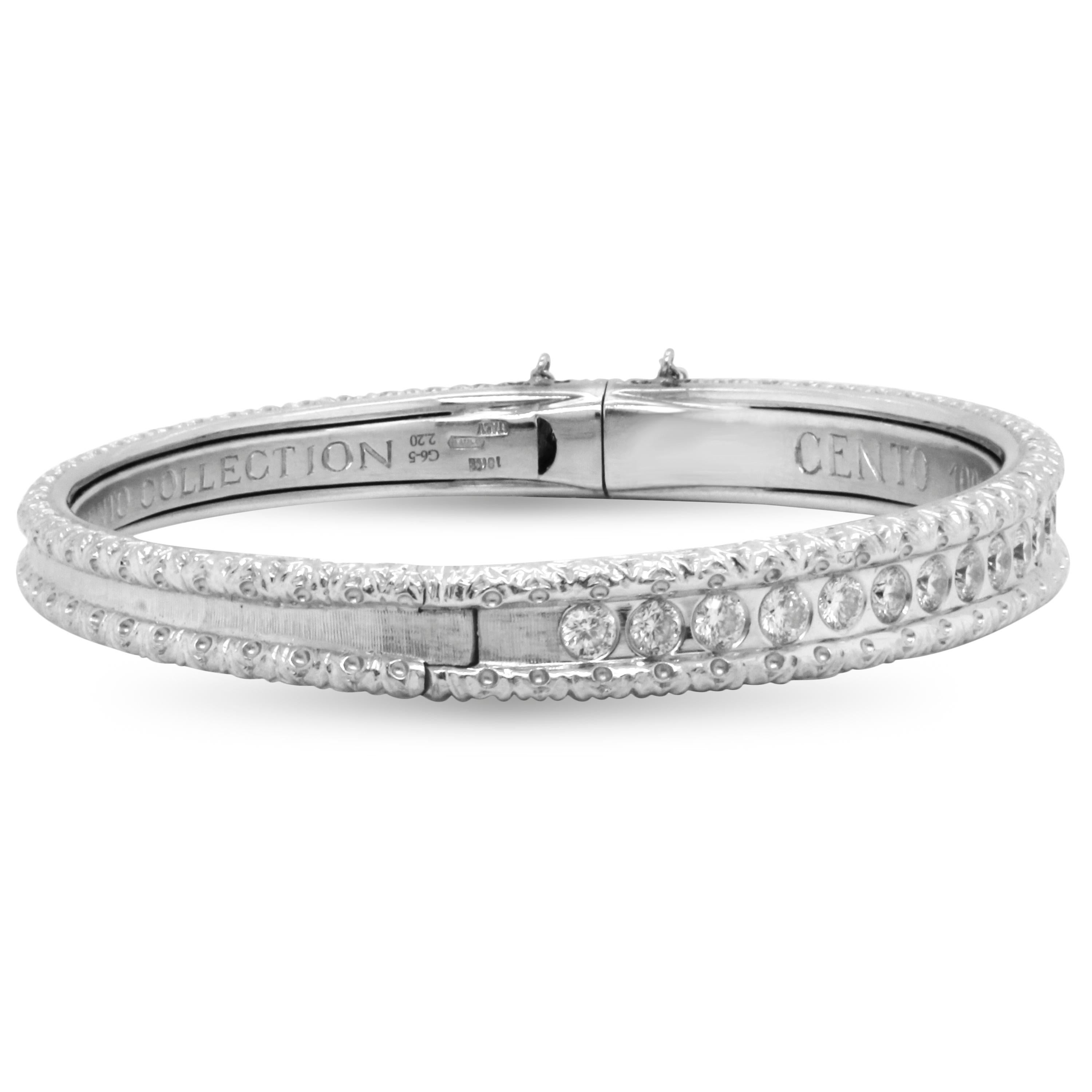 Roberto Coin Cento Collection 18K White Gold and Diamond Thin Bangle Bracelet

From the Cento Collection by Roberto Coin

This bracelet is done in solid 18k gold with diamonds set on one half.

Apprx. 2 carat G color, VS clarity diamonds total