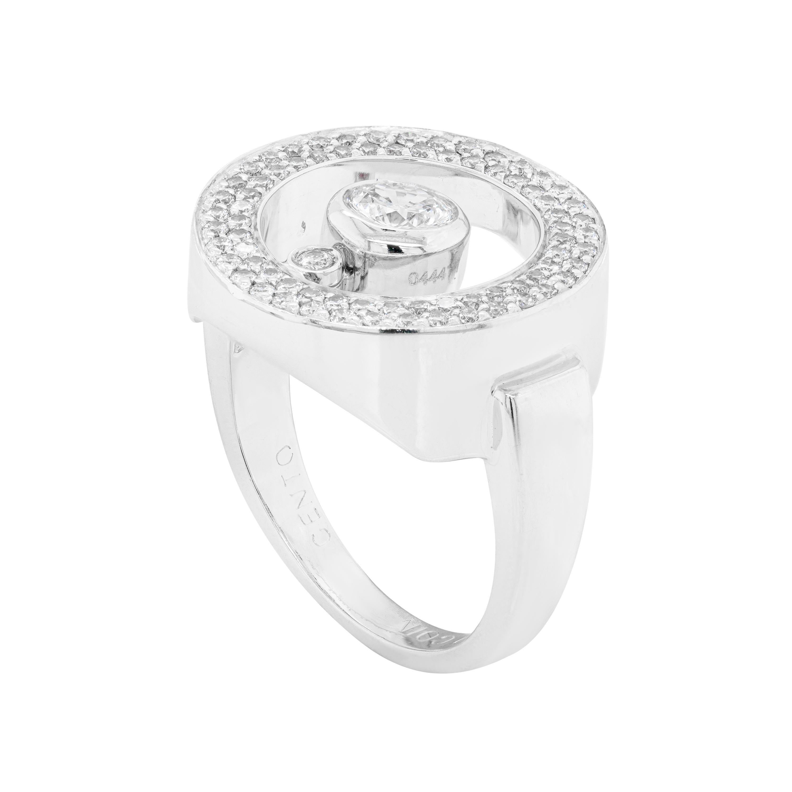 Roberto Coin Cento O ring set with a fine quality round brilliant cut diamond weighing approximately 0.50 carats rub-over set in the centre. The open circle is pave set with 2 rows of round brilliant cut diamonds all mounted in 18 carat white gold.